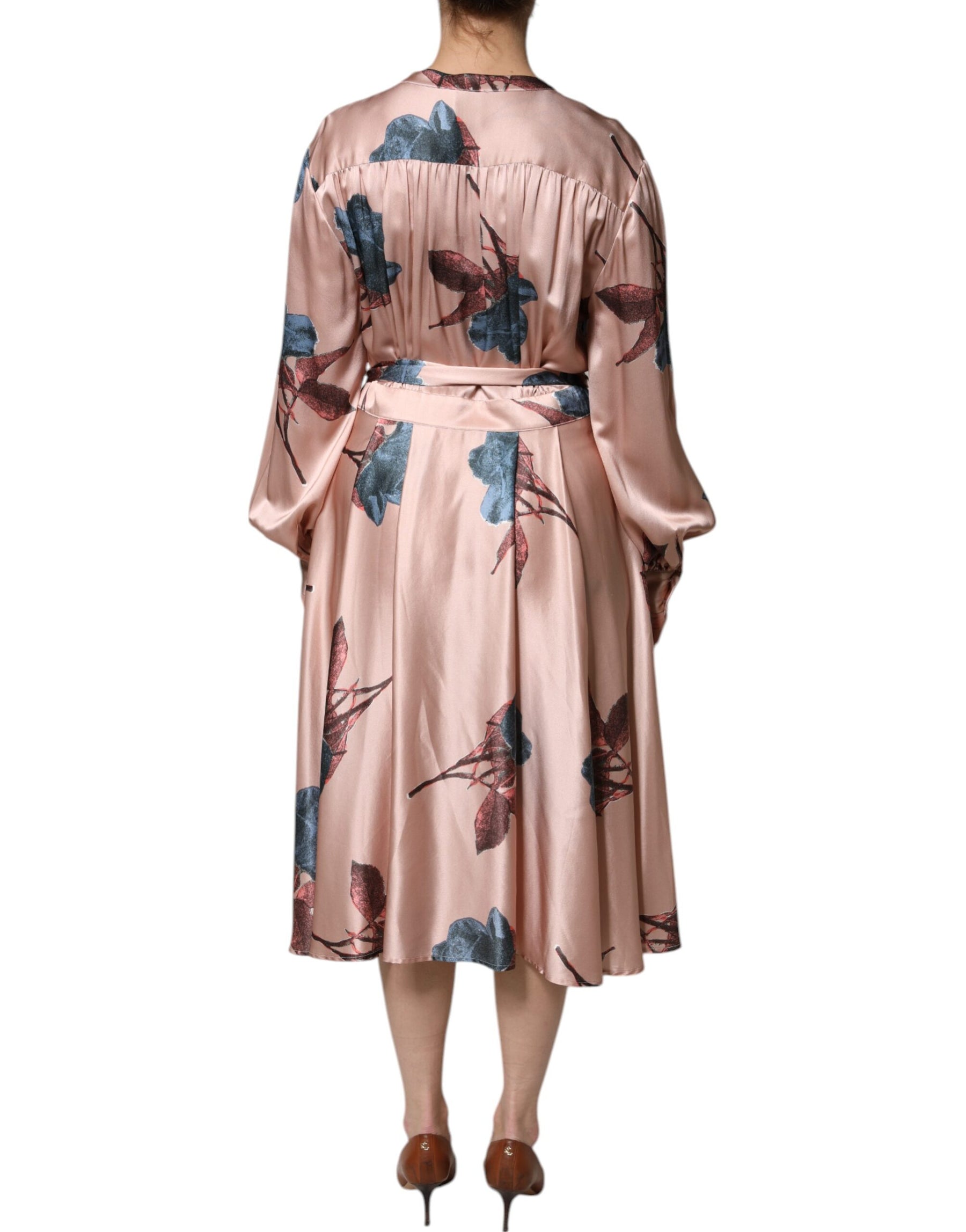 L'Autre Chose Pink Satin Floral Long Sleeves A-line Midi Dress | Regal Royce