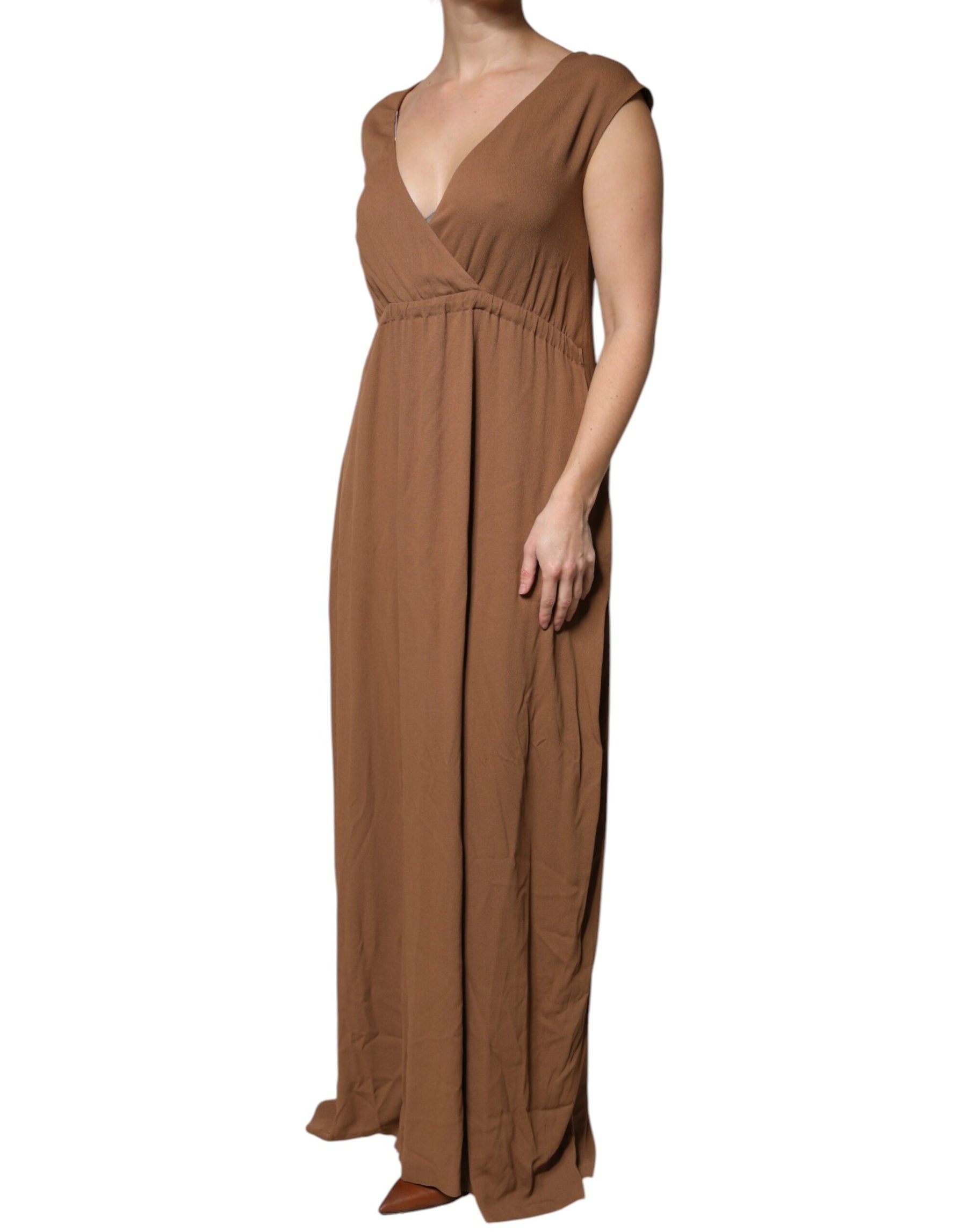 Fabiana Filippi Brown Sleeveless Deep V-neck A-line Long Maxi Dress | Regal Royce