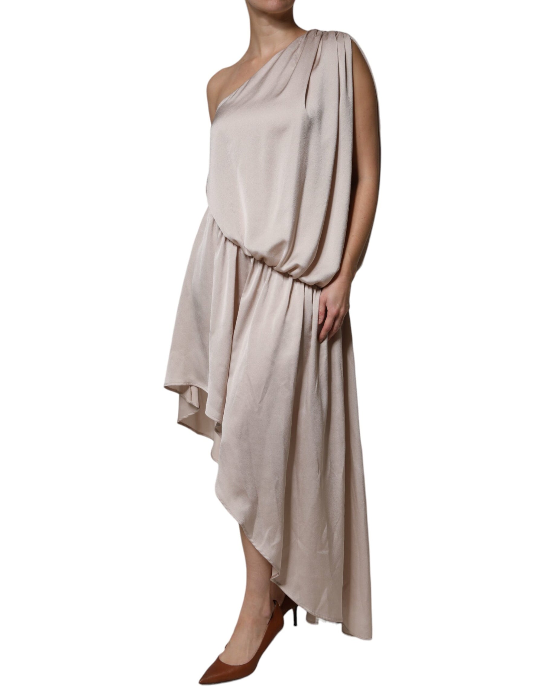 Christian Pellizzari Beige One Shoulder Asymmetric Drape Dress | Regal Royce