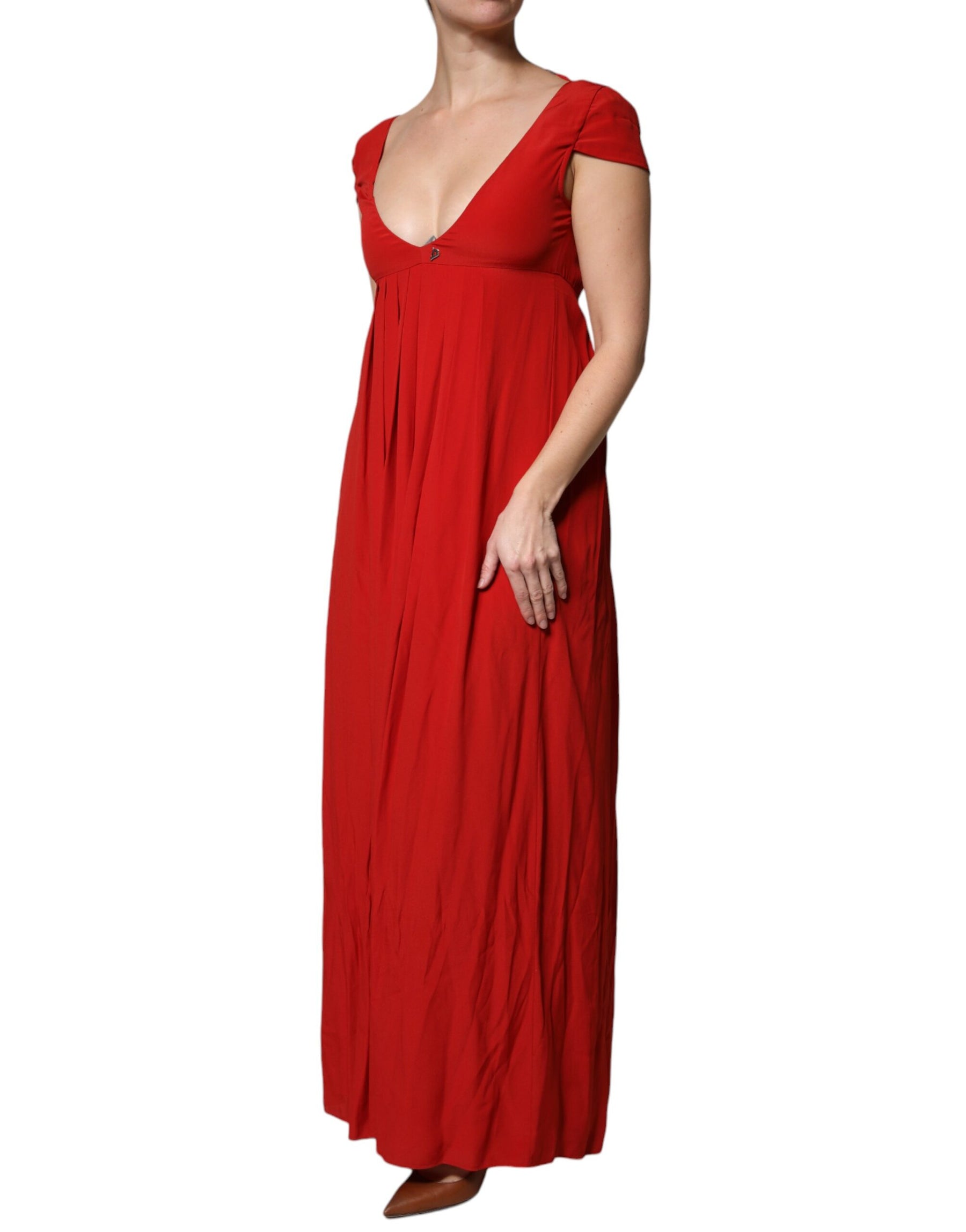 Dondup Red Acetate Short Sleeves Plunging Neckline Maxi Dress | Regal Royce