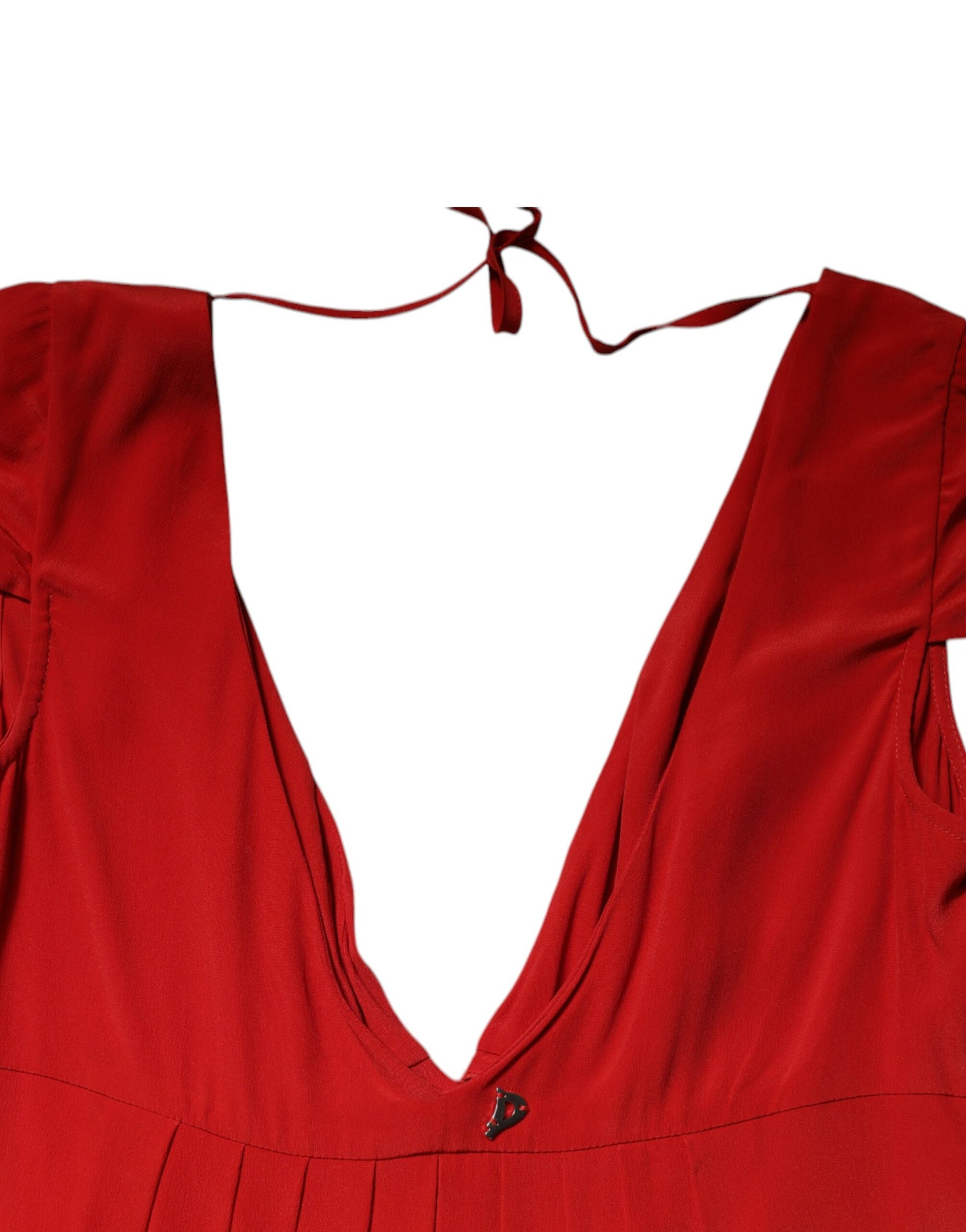 Dondup Red Acetate Short Sleeves Plunging Neckline Maxi Dress | Regal Royce