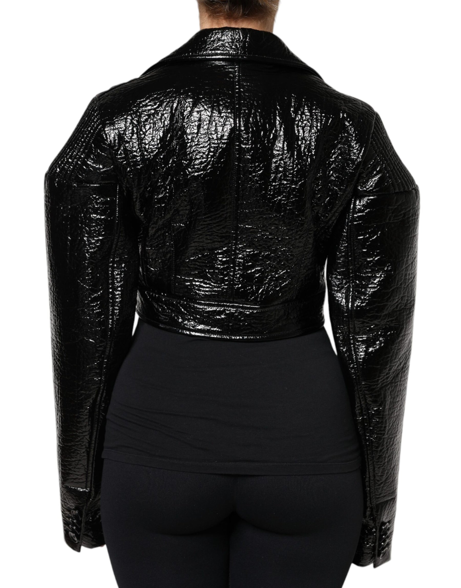Dolce & Gabbana Black Leather Cropped Long Sleeve Coat Jacket | Regal Royce