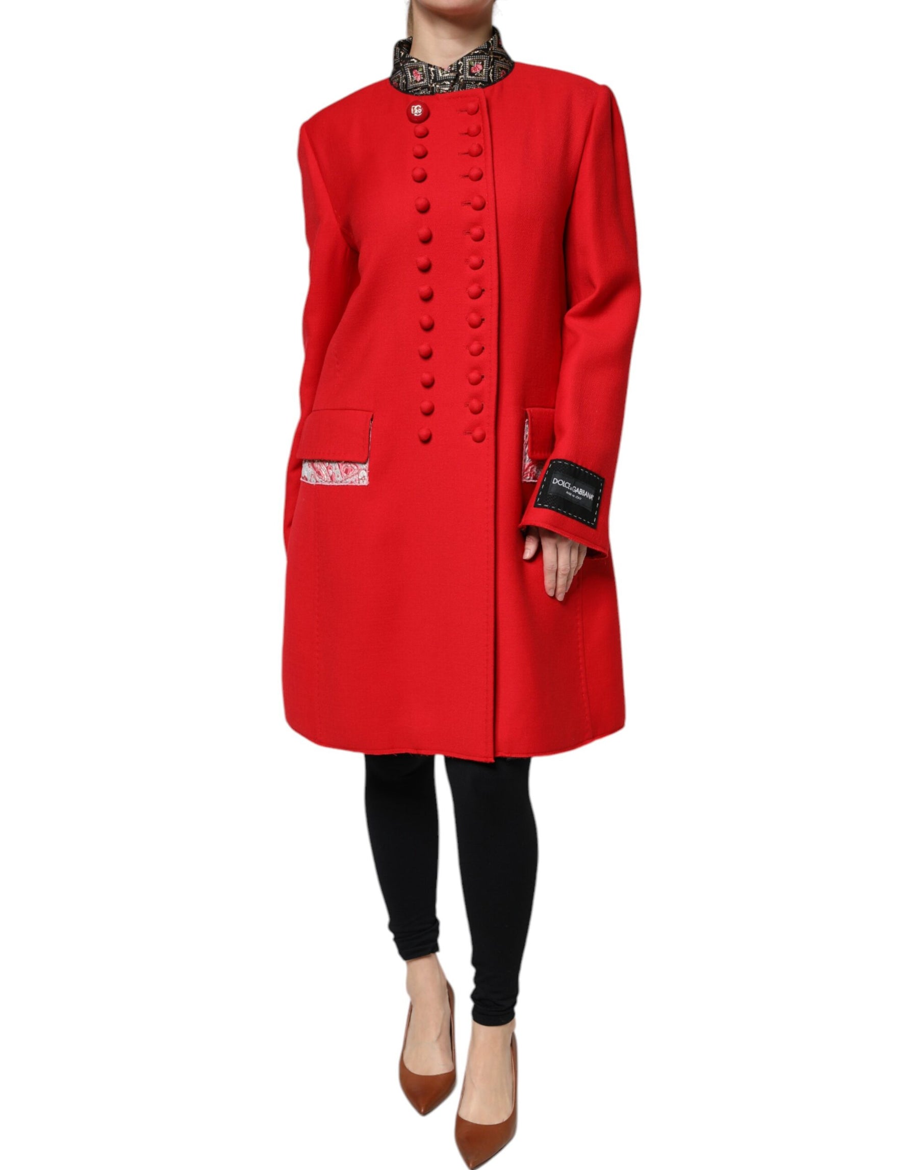 Dolce & Gabbana Red Jacquard Wool Women Trenchcoat Jacket | Regal Royce