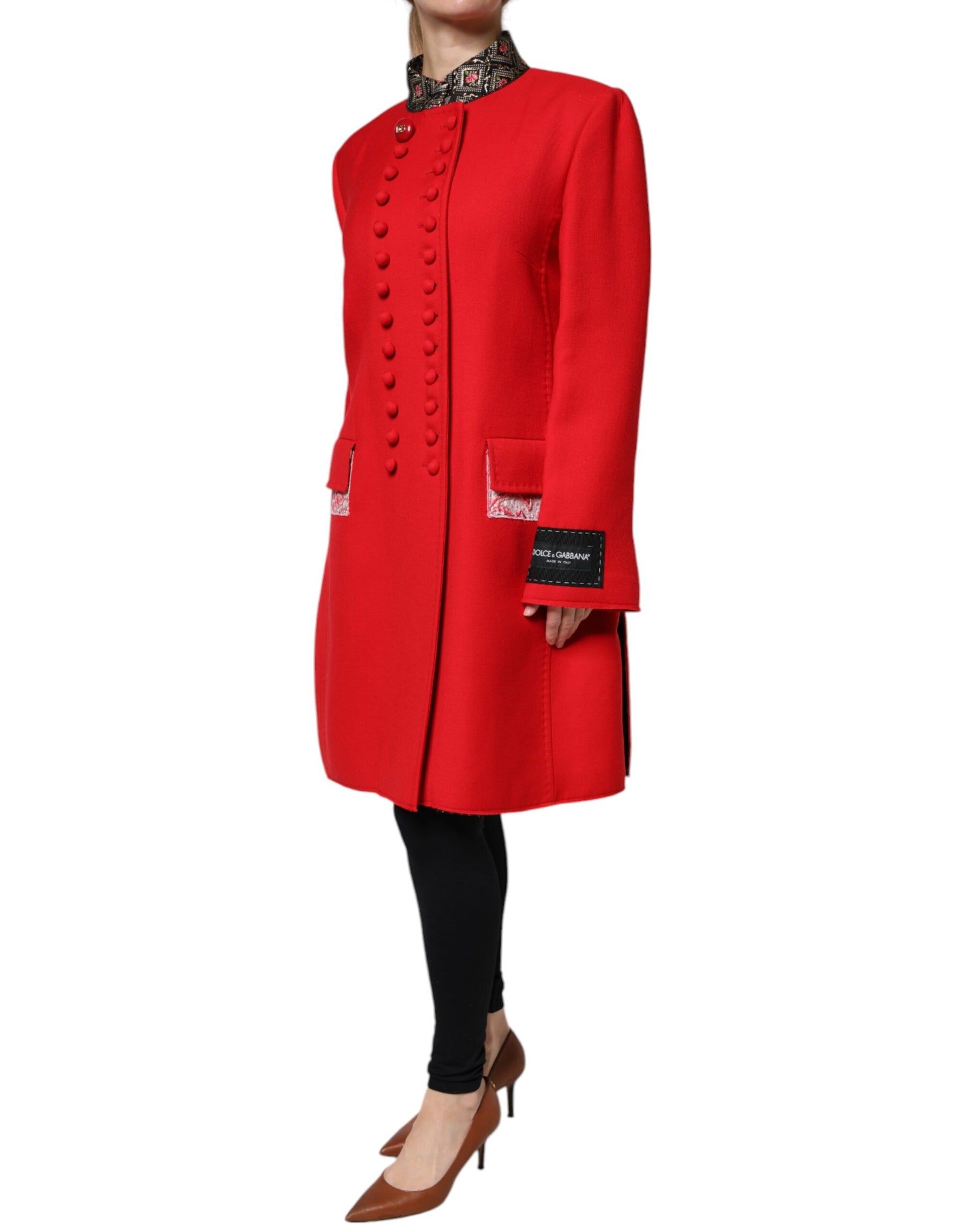 Dolce & Gabbana Red Jacquard Wool Women Trenchcoat Jacket | Regal Royce