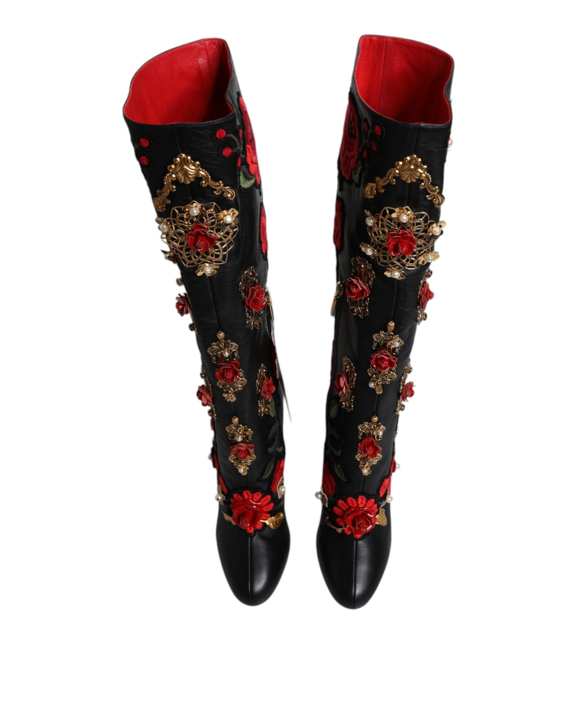 Dolce & Gabbana Black Roses Embellished Leather Heel Boots Shoes | Regal Royce
