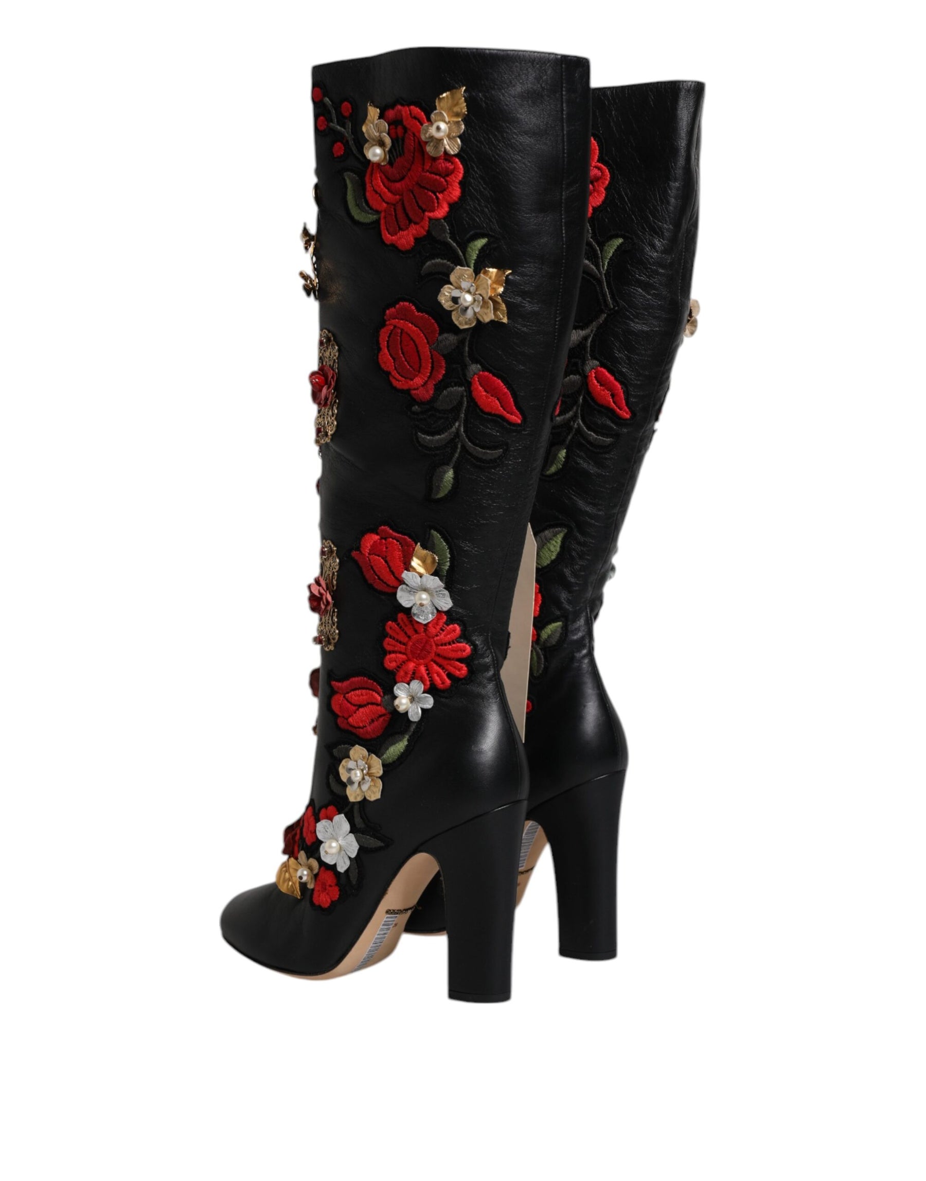 Dolce & Gabbana Black Roses Embellished Leather Heel Boots Shoes | Regal Royce