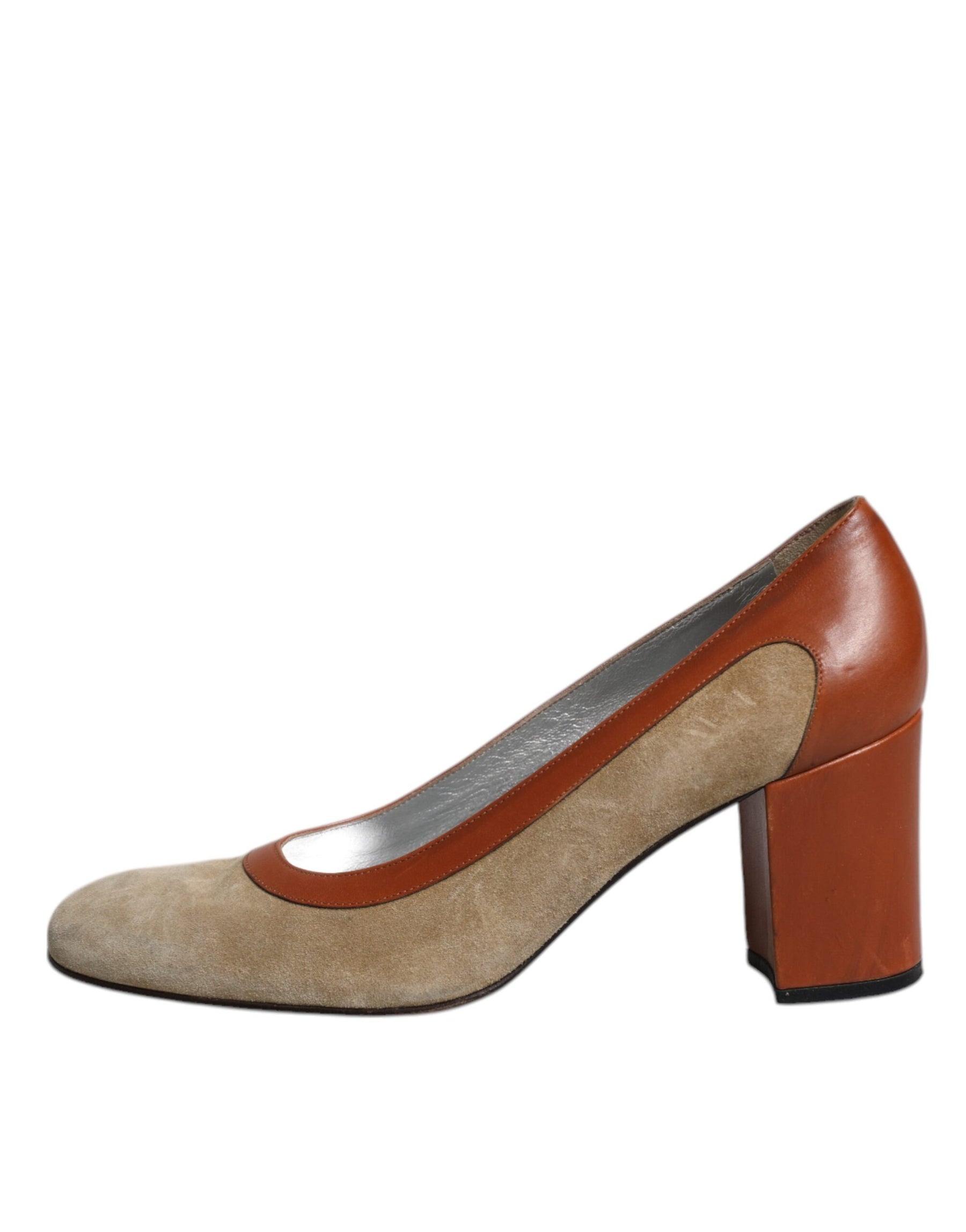 Dolce & Gabbana Beige Brown Leather Block Heels Pumps Shoes | Regal Royce