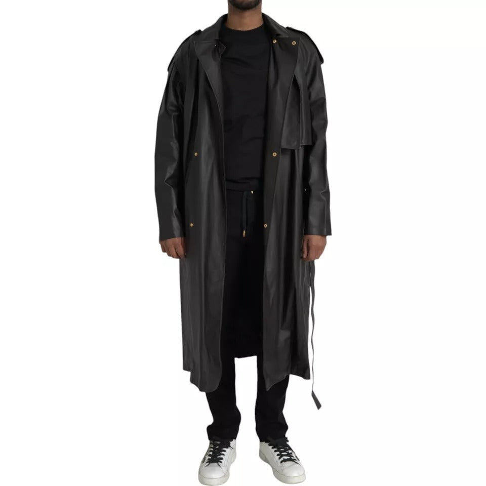Bottega Veneta Black Leather Men Waterproof Trenchcoat Jacket | Regal Royce