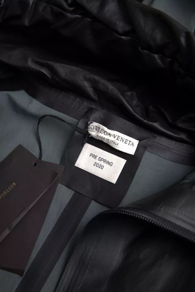 Bottega Veneta Black Leather Hooded Men Trenchcoat Jacket | Regal Royce