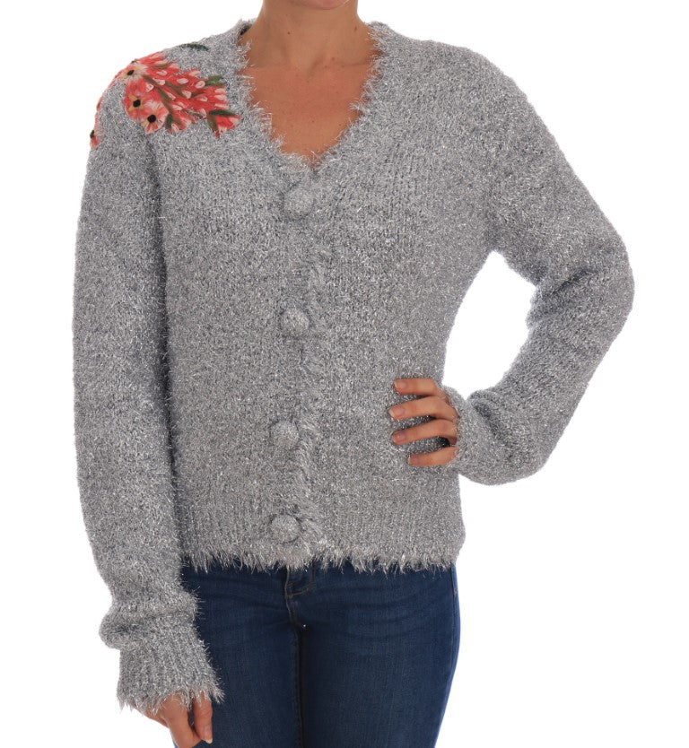 Dolce & Gabbana Silver Cardigan Floral Applique Sweater | Regal Royce