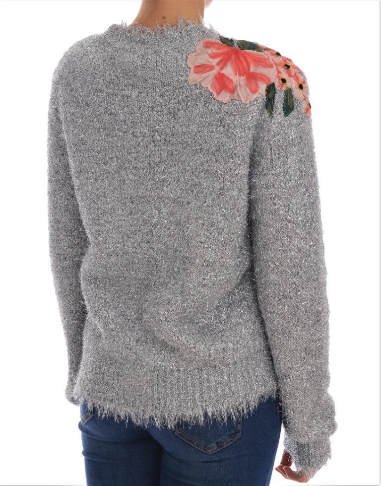 Dolce & Gabbana Silver Cardigan Floral Applique Sweater | Regal Royce