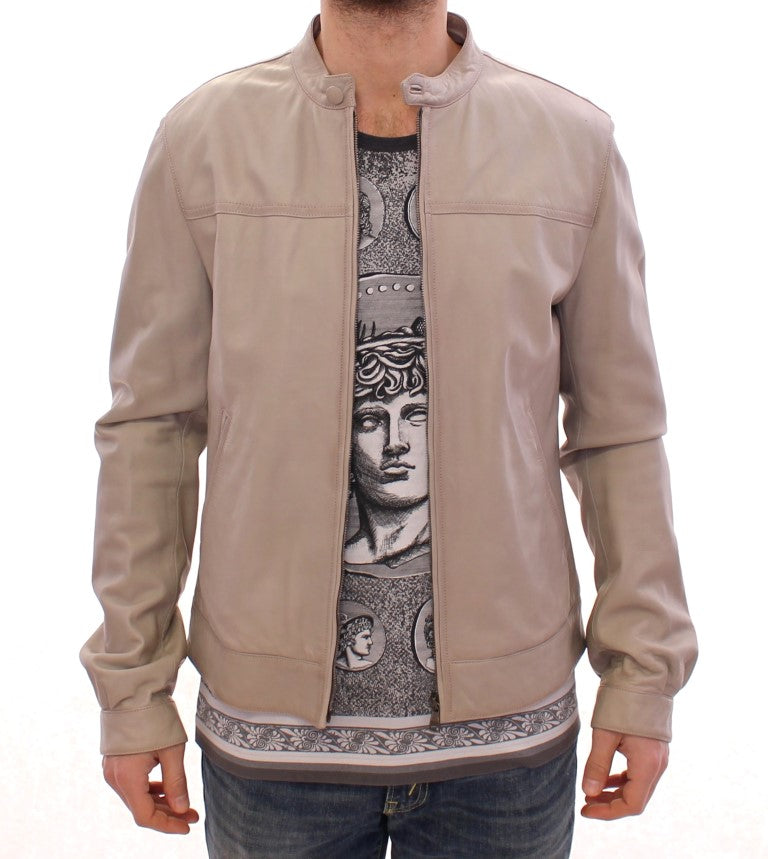 Dolce & Gabbana Beige Leather Jacket Biker Coat | Regal Royce