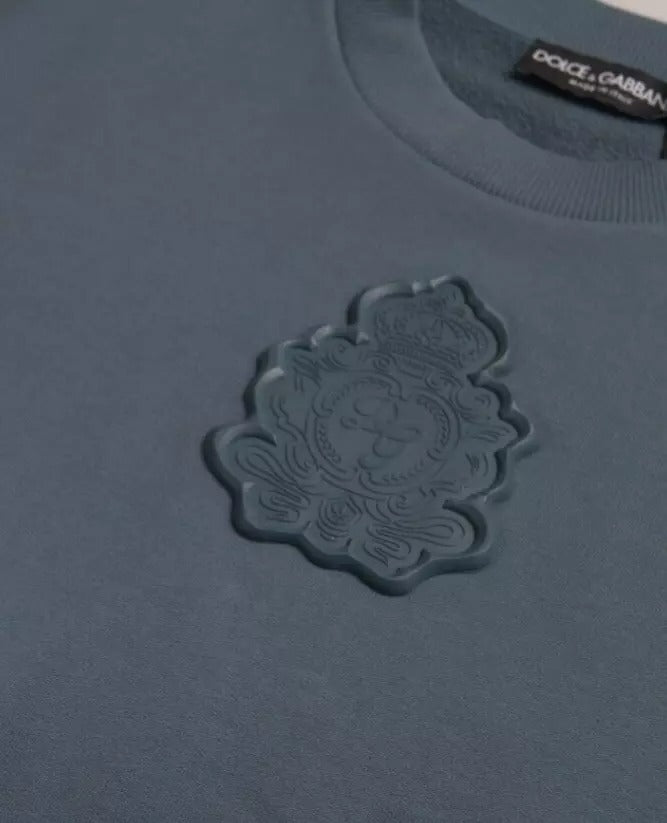 Dolce & Gabbana Blue Cotton Logo Patch Crew Neck Men Pullover Sweater | Regal Royce