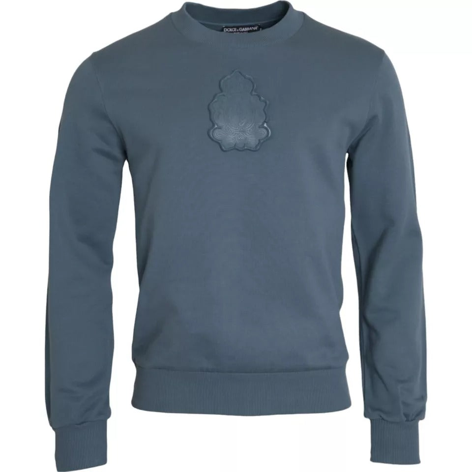 Dolce & Gabbana Blue Cotton Logo Patch Crew Neck Men Pullover Sweater | Regal Royce