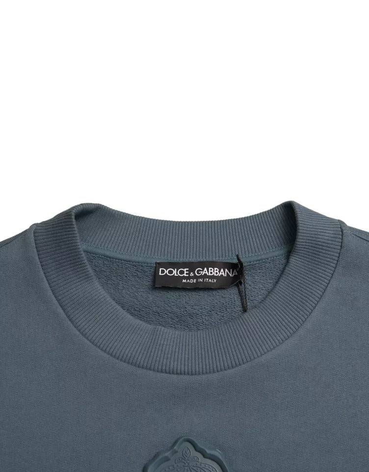 Dolce & Gabbana Blue Cotton Logo Patch Crew Neck Men Pullover Sweater | Regal Royce