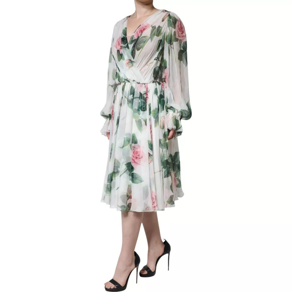 Dolce & Gabbana White Silk Floral Print A-line Midi Dress | Regal Royce