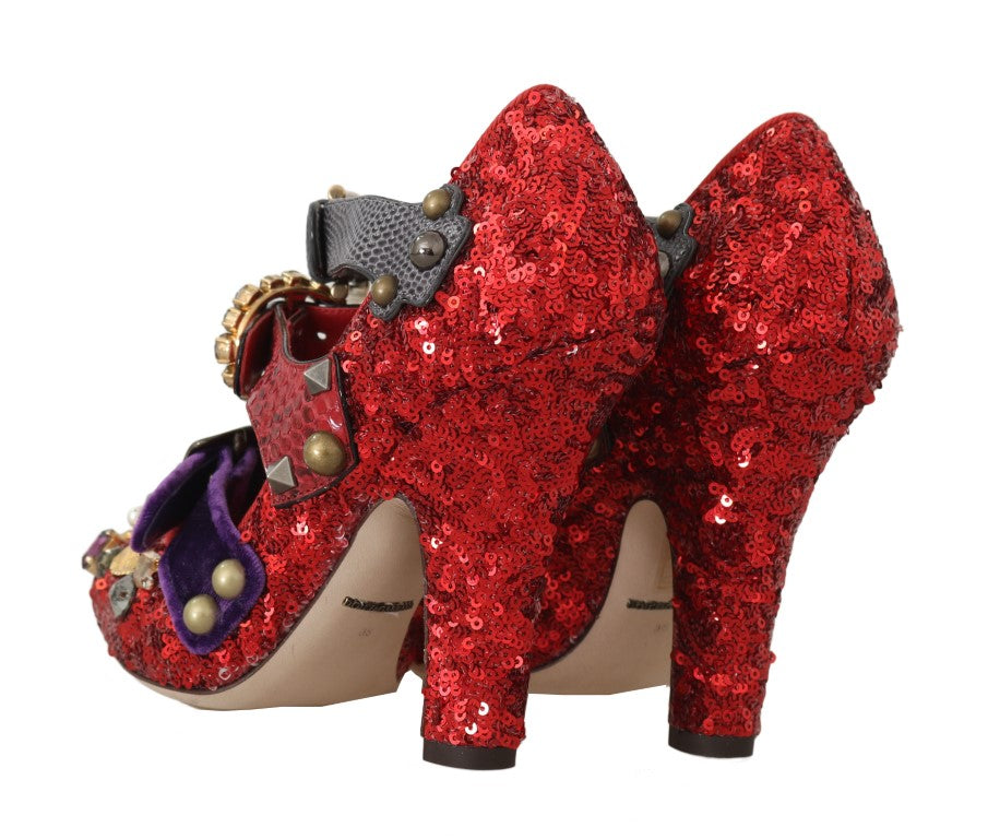 Dolce & Gabbana Red Sequined Crystal Studs Heels Shoes | Regal Royce