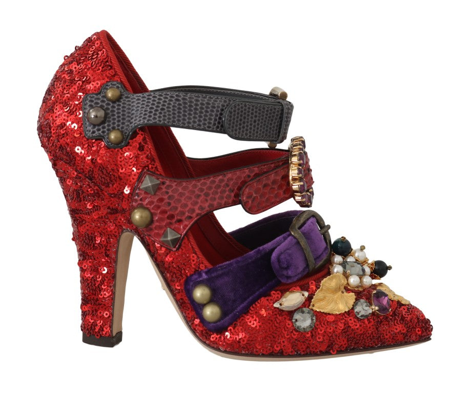 Dolce & Gabbana Red Sequined Crystal Studs Heels Shoes | Regal Royce