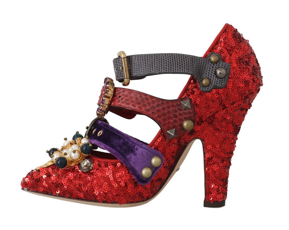 Dolce & Gabbana Red Sequined Crystal Studs Heels Shoes | Regal Royce