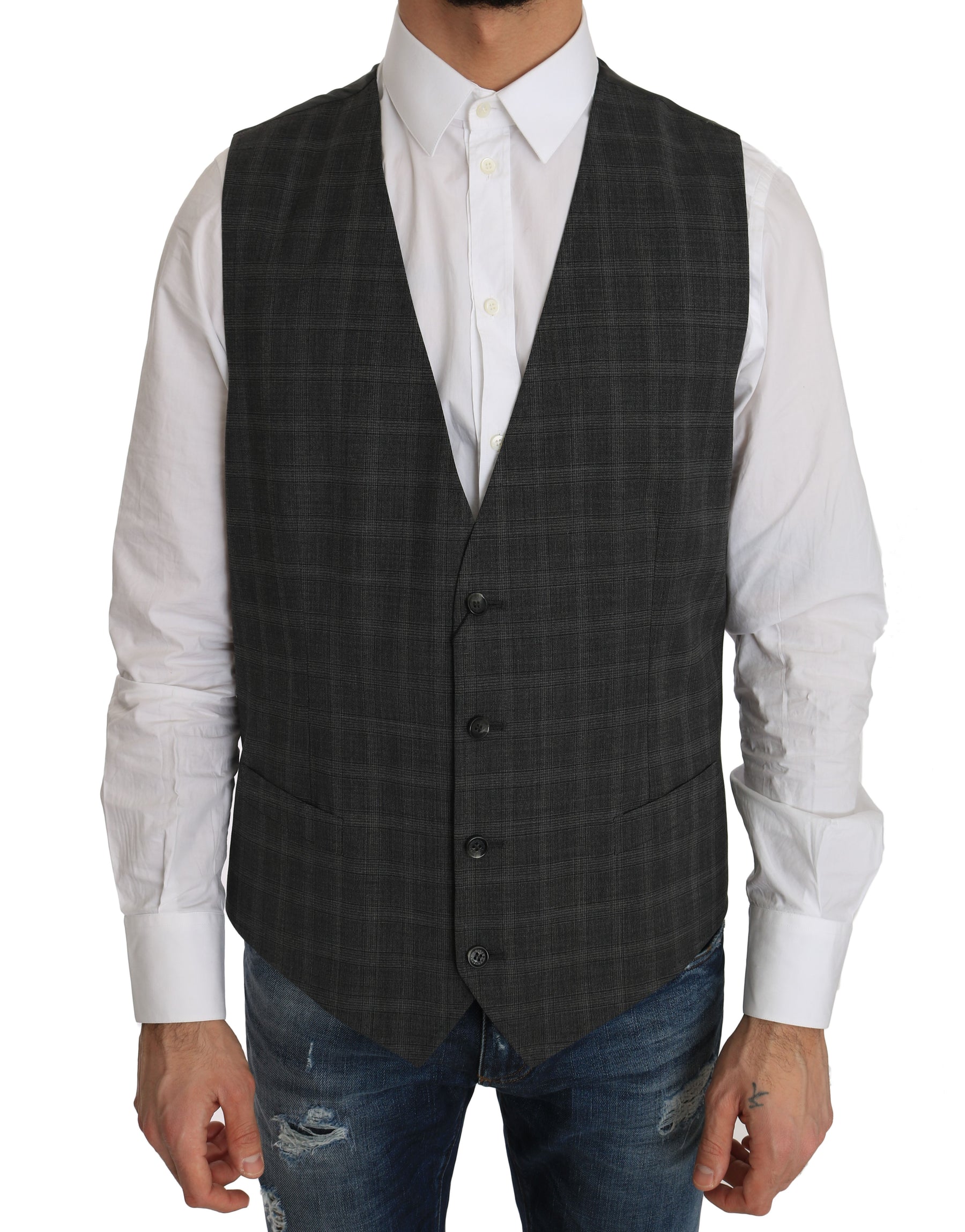 Dolce & Gabbana Gray Wool STAFF Checkered Stretch Vest | Regal Royce