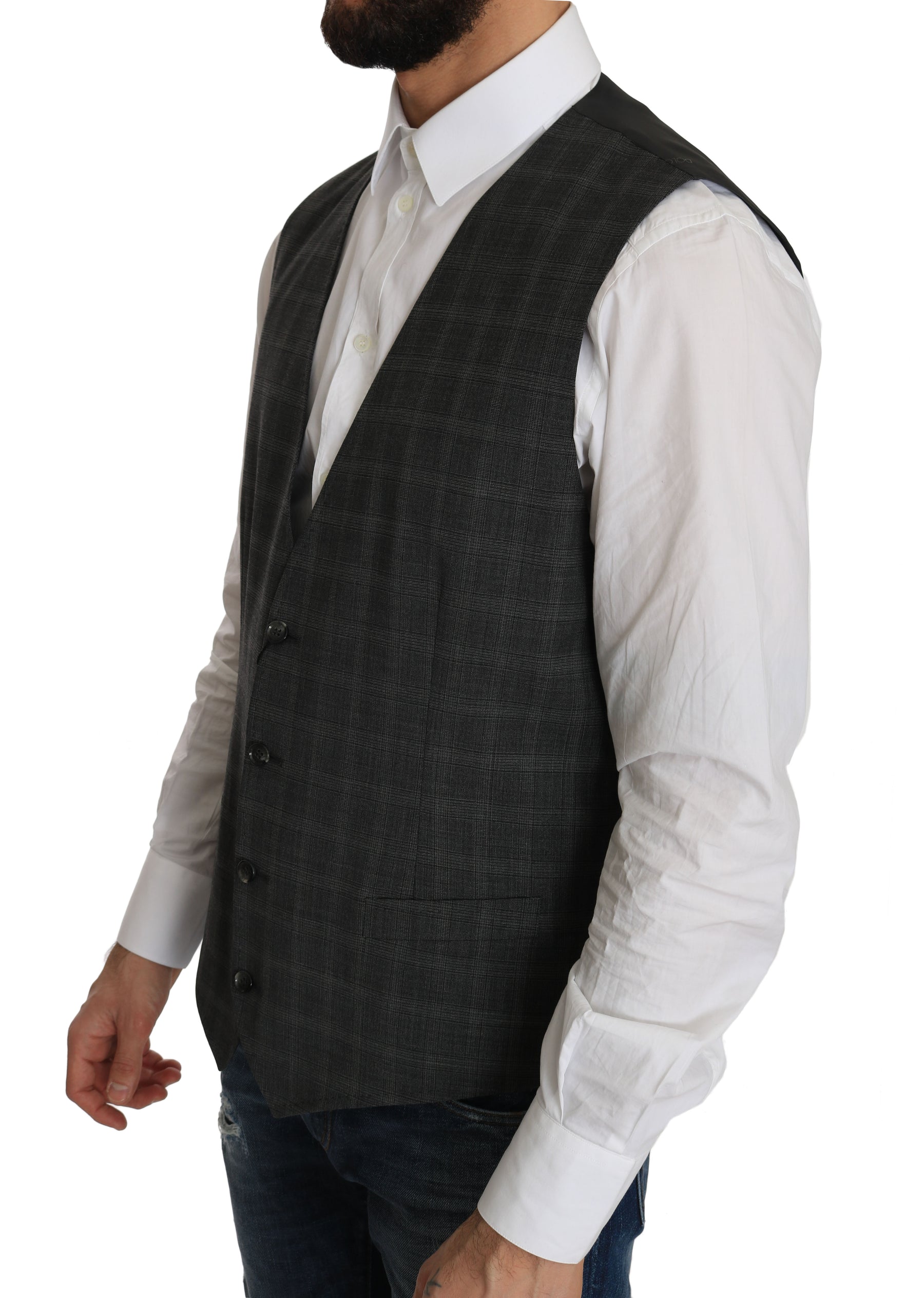 Dolce & Gabbana Gray Wool STAFF Checkered Stretch Vest | Regal Royce