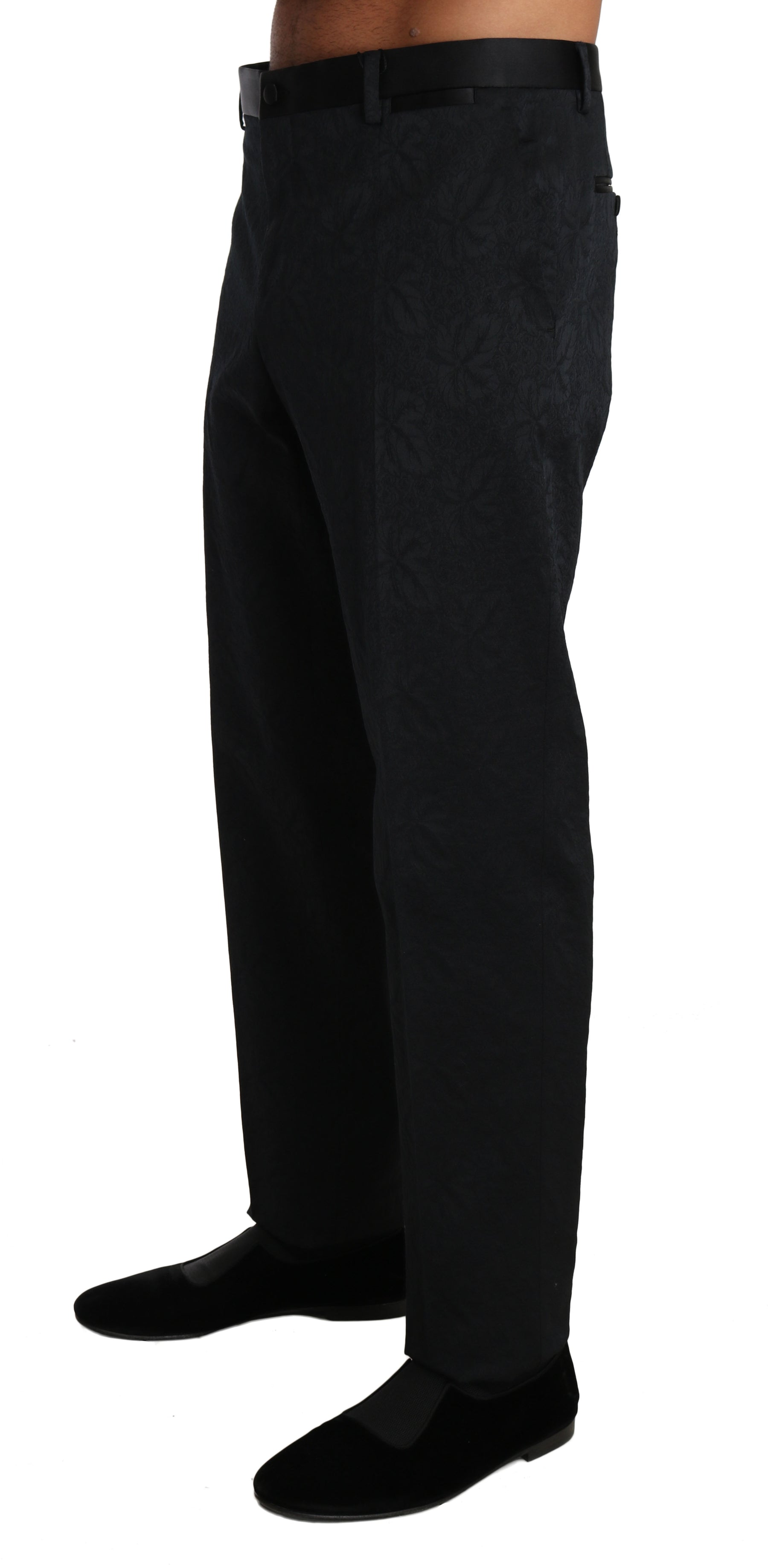 Dolce & Gabbana Black Cotton Brocade Formal Trousers Pants | Regal Royce