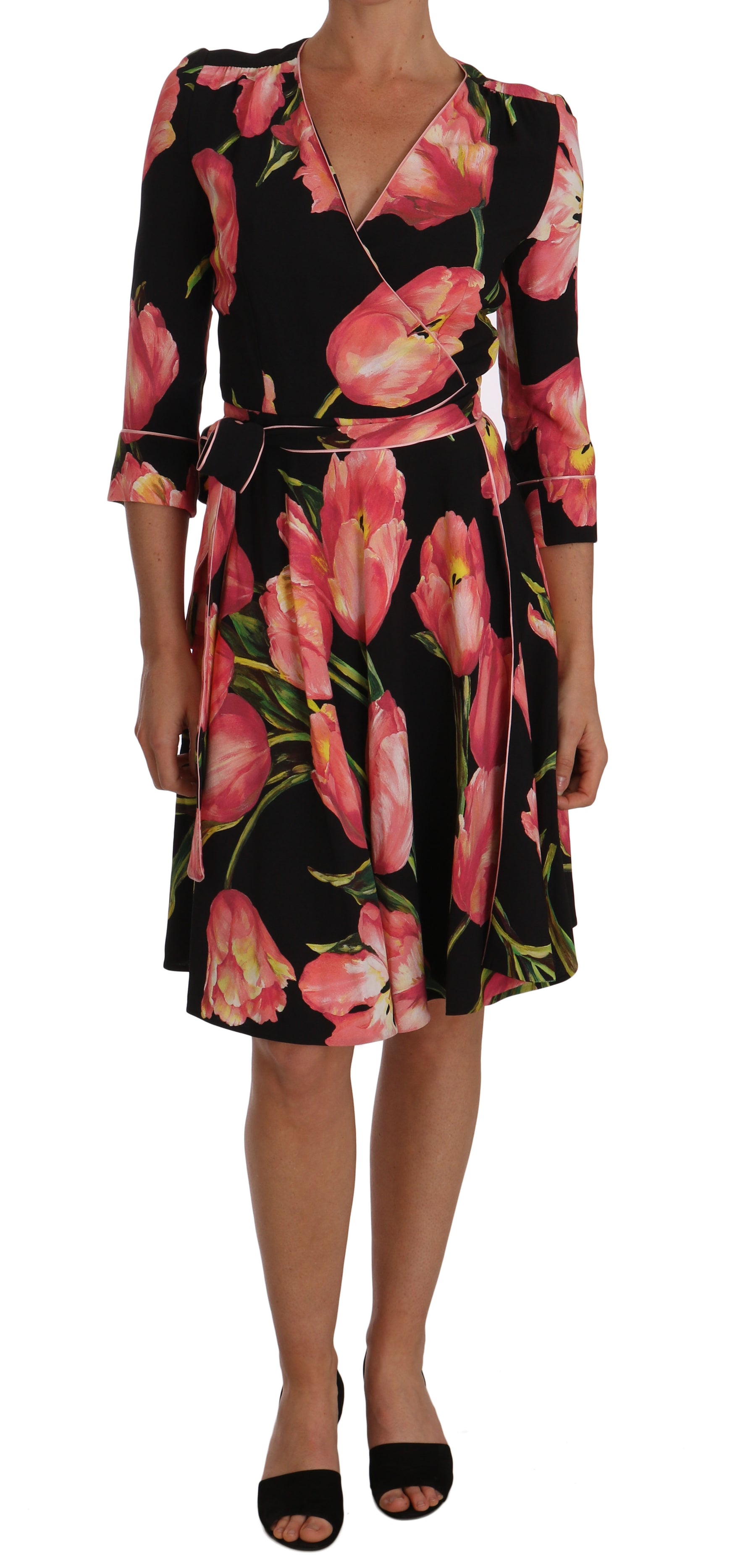 Dolce & Gabbana Black Pink Tulip Print Stretch Shift Dress | Regal Royce