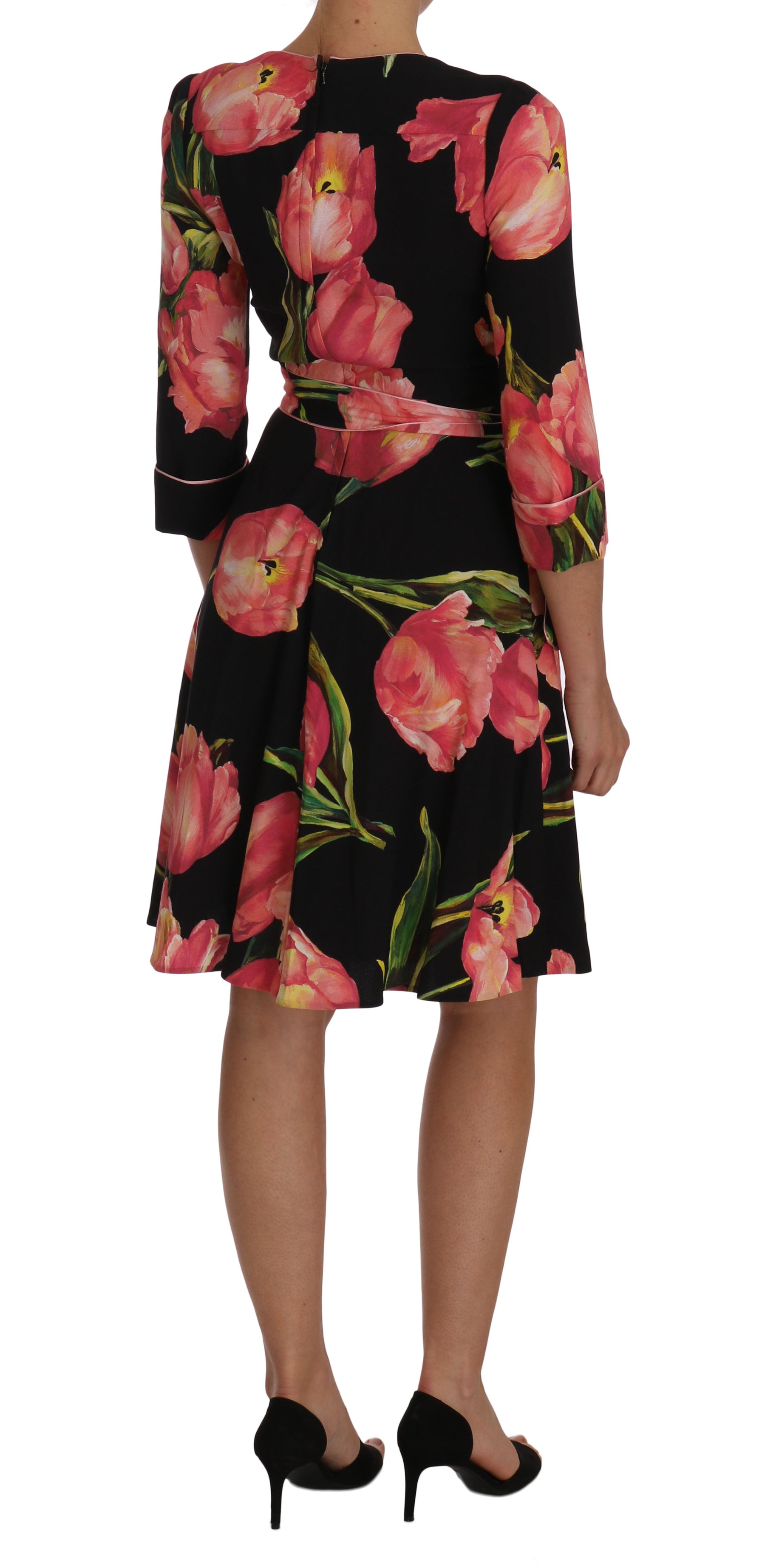 Dolce & Gabbana Black Pink Tulip Print Stretch Shift Dress | Regal Royce
