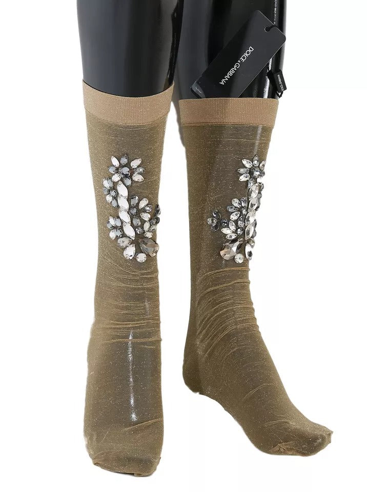 Dolce & Gabbana Gold Stretch Floral Clear Crystal Stocking Socks | Regal Royce