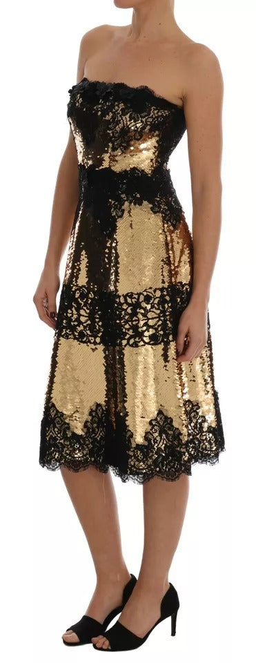 Dolce & Gabbana Gold Strapless Sequin Embellished Lace Dress | Regal Royce