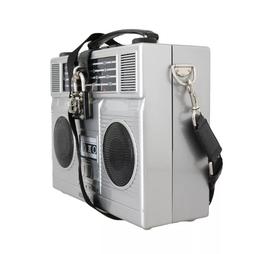 Dolce & Gabbana Silver Retro Radio Boombox Limited Edition Handmade Wood Bag | Regal Royce