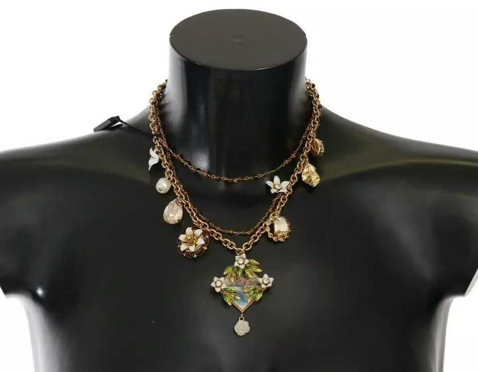 Dolce & Gabbana Gold Brass Crystal Floral Statement Charms Necklace | Regal Royce