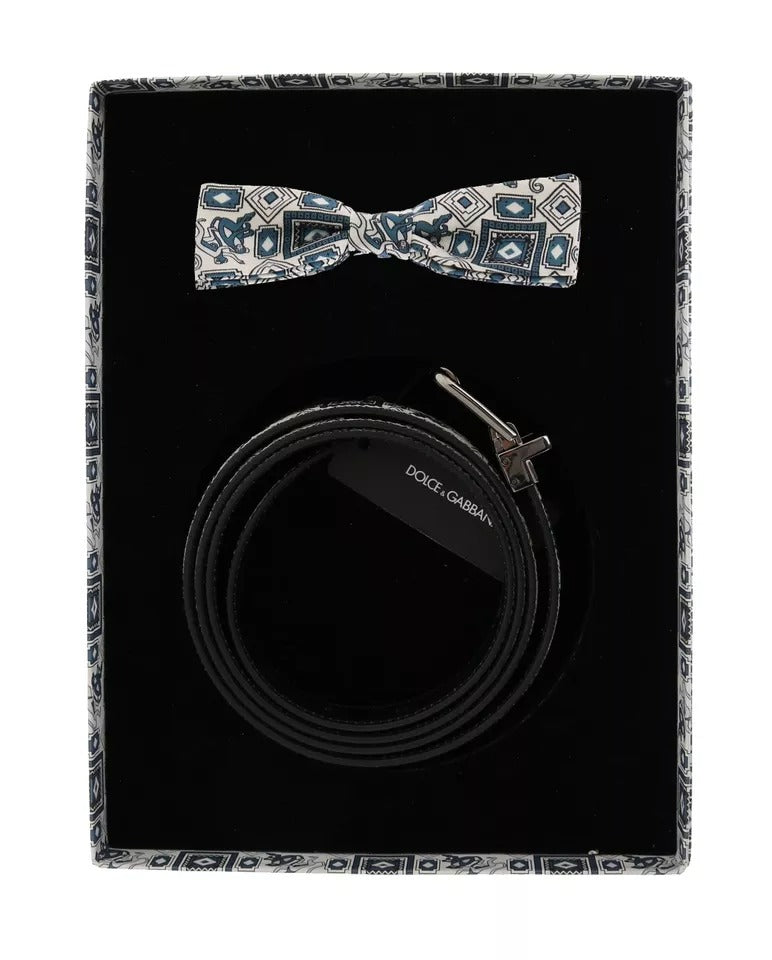 Dolce & Gabbana White Blue Silk Bowtie Leather Belt Gift Box Set | Regal Royce