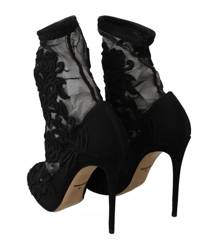 Dolce & Gabbana Black Tulle Stretch Floral Booties Shoes | Regal Royce