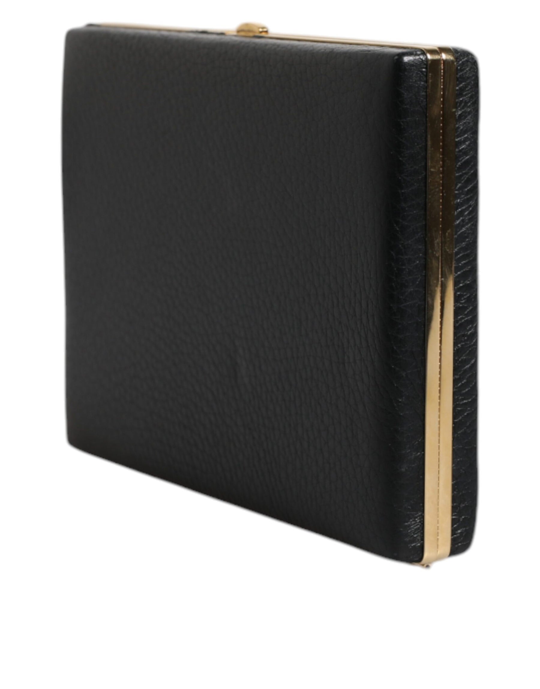 Dolce & Gabbana Black Leather Gold Frame Clutch Evening Party Purse Bag | Regal Royce