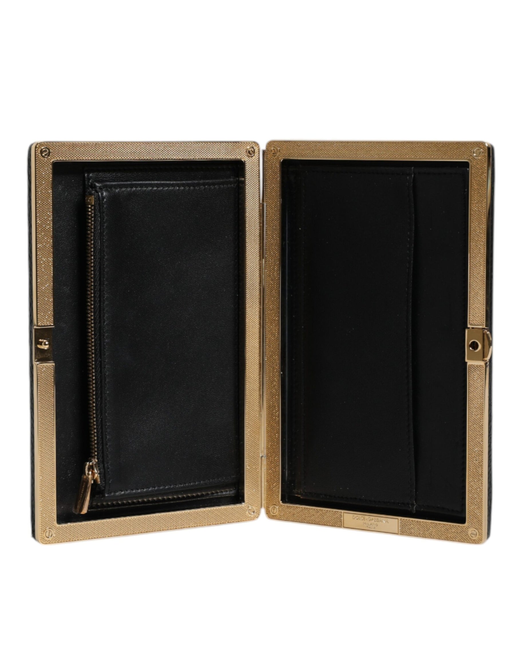Dolce & Gabbana Black Leather Gold Frame Clutch Evening Party Purse Bag | Regal Royce