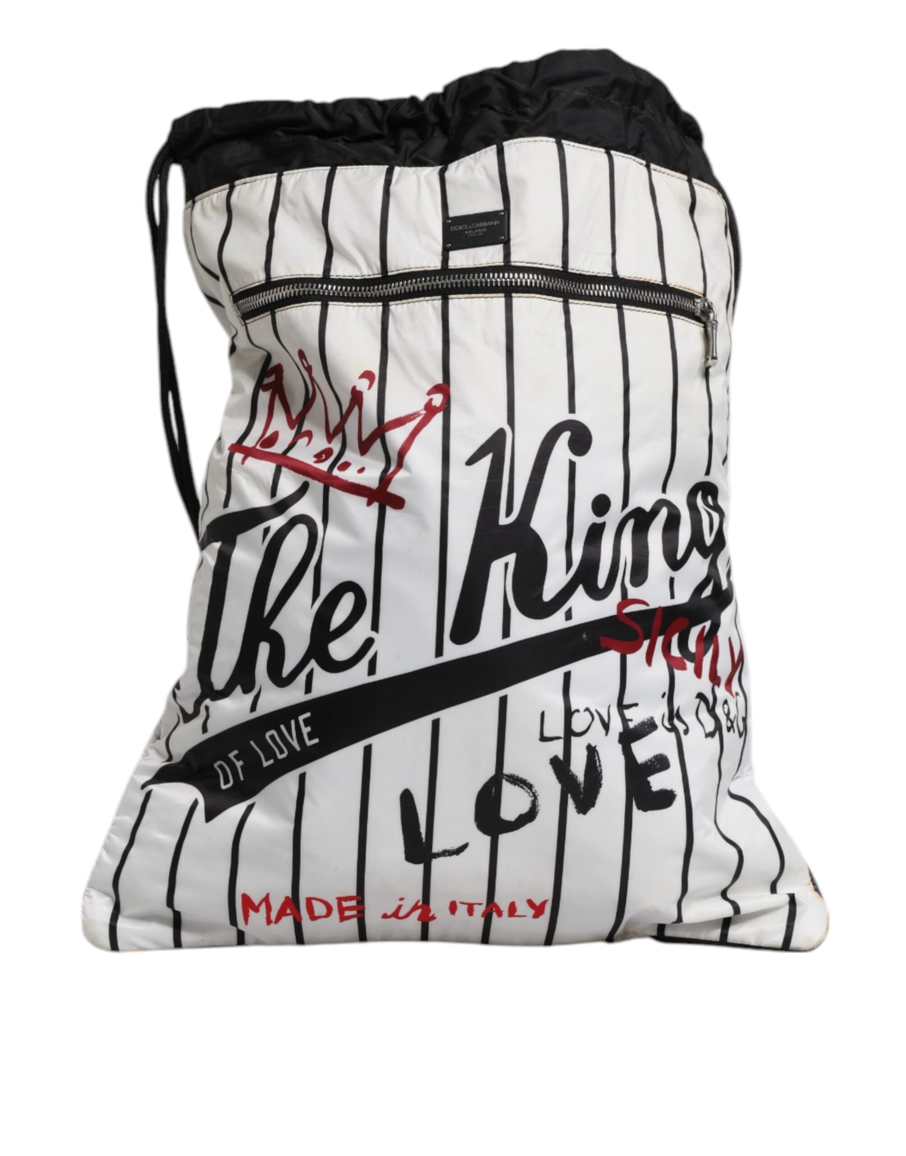 Dolce & Gabbana Black White Striped Polyester Drawstring Backpack Bag | Regal Royce