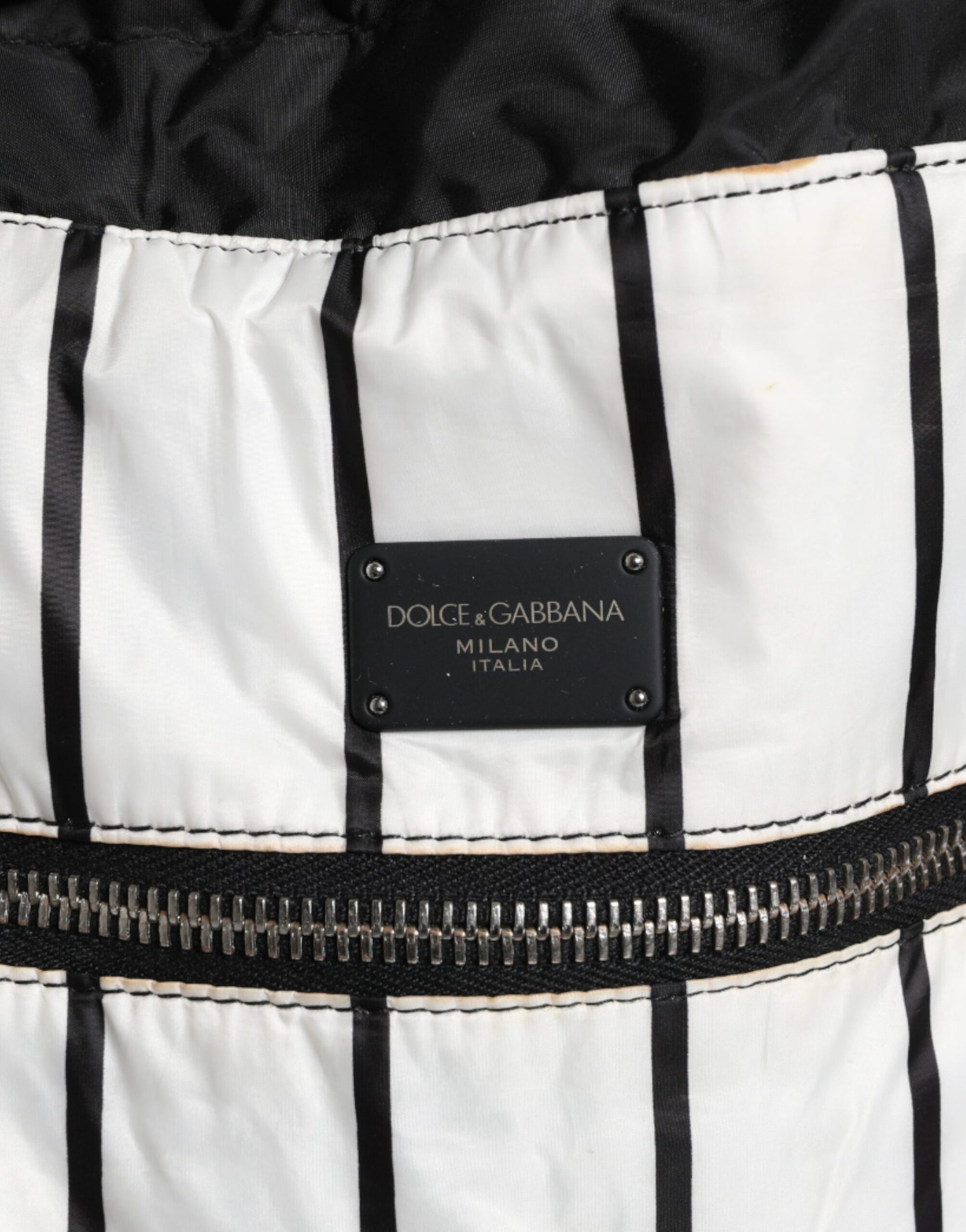Dolce & Gabbana Black White Striped Polyester Drawstring Backpack Bag | Regal Royce