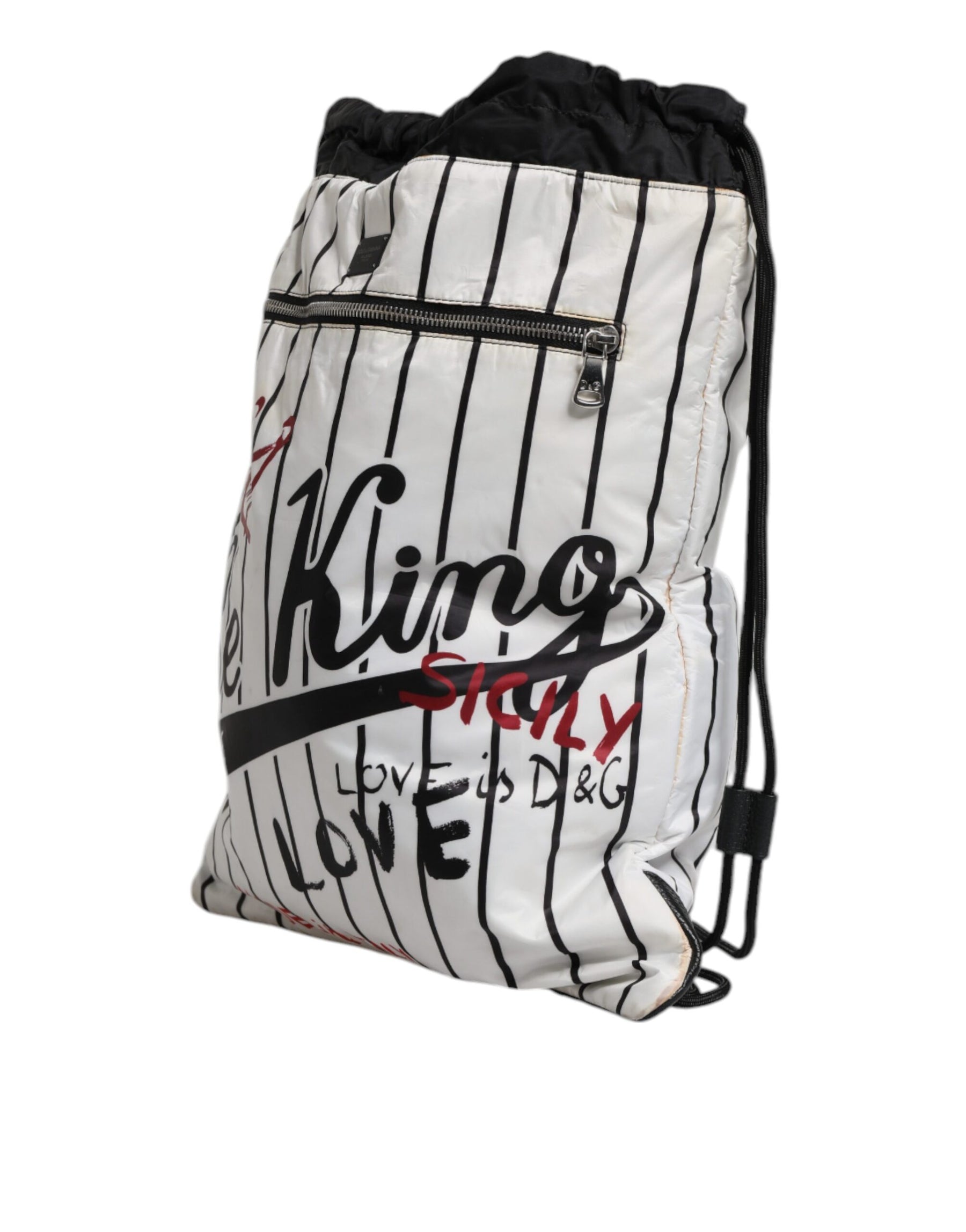Dolce & Gabbana Black White Striped Polyester Drawstring Backpack Bag | Regal Royce