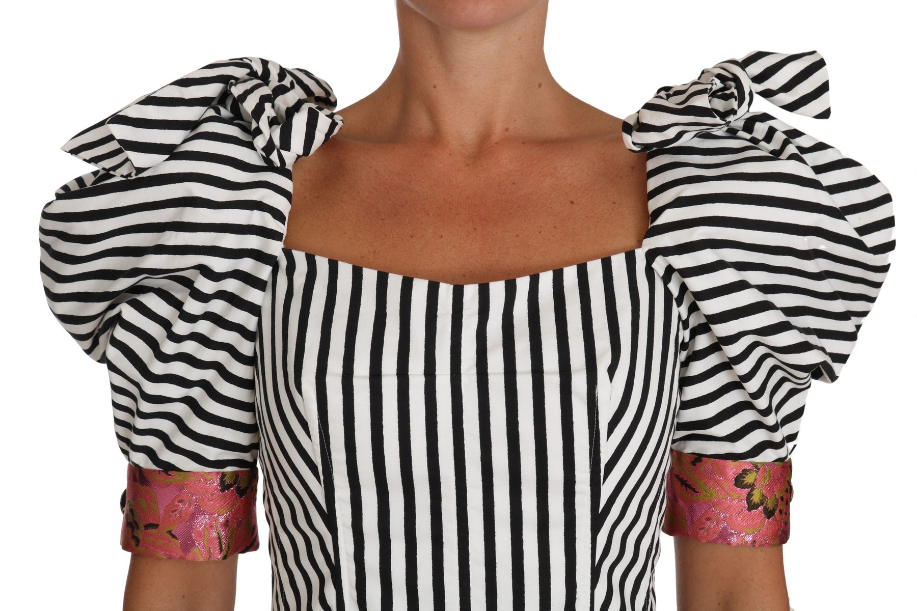 Dolce & Gabbana White Black Striped Cropped Top Puff Sleeve Shirts | Regal Royce