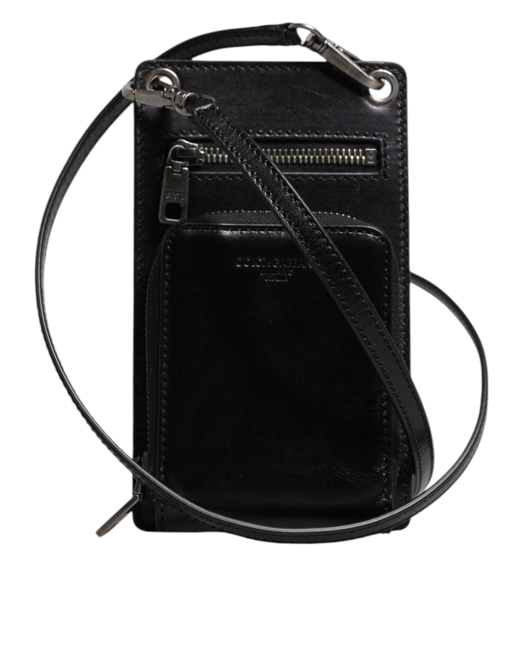 Dolce & Gabbana Black Horse Leather Zip Logo Shoulder Neck Strap Wallet | Regal Royce