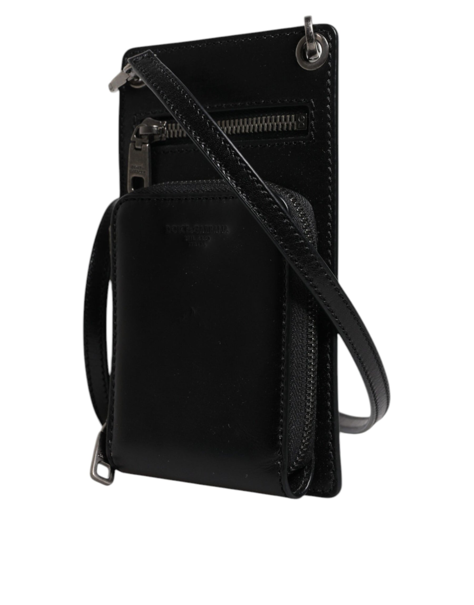 Dolce & Gabbana Black Horse Leather Zip Logo Shoulder Neck Strap Wallet | Regal Royce