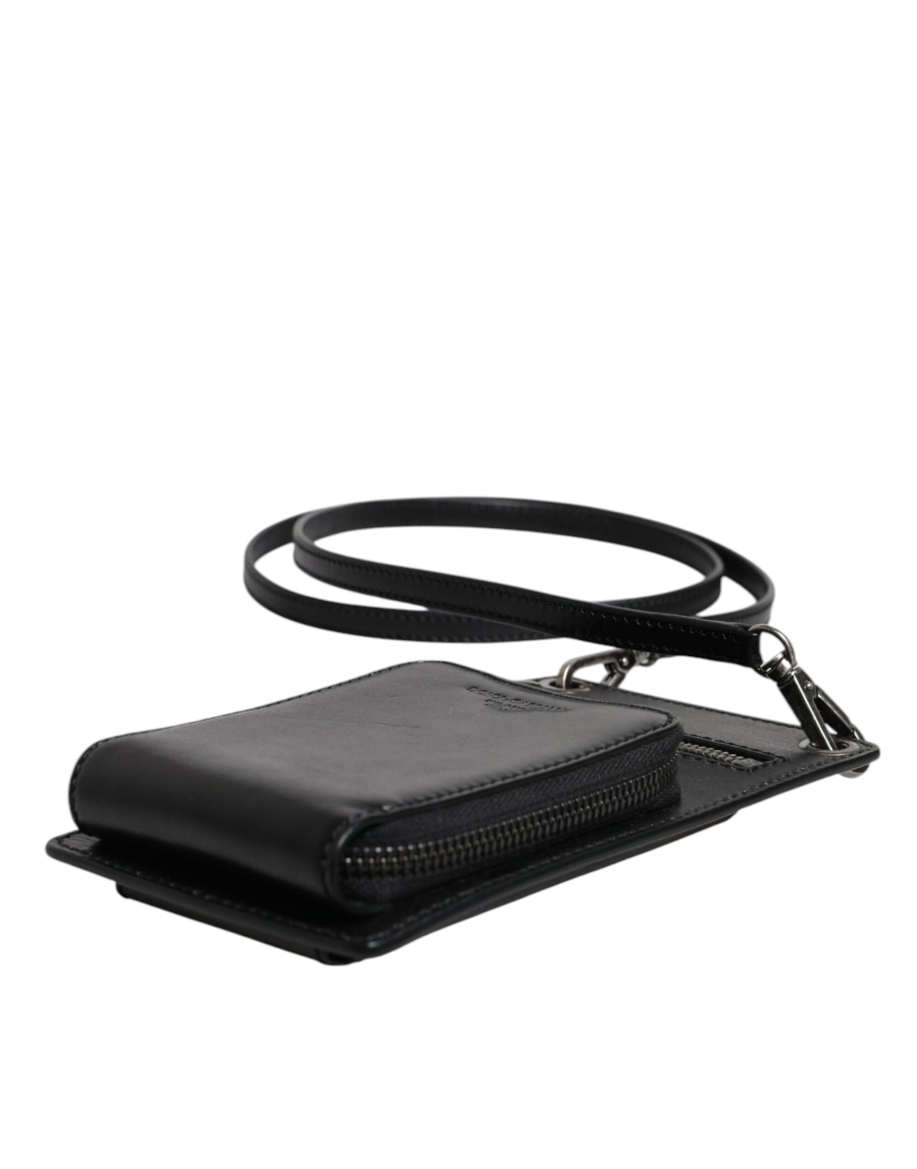 Dolce & Gabbana Black Horse Leather Zip Logo Shoulder Neck Strap Wallet | Regal Royce