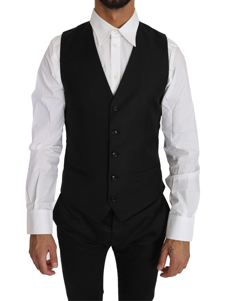 Dolce & Gabbana Black Solid Wool Silk Waistcoat Vest | Regal Royce