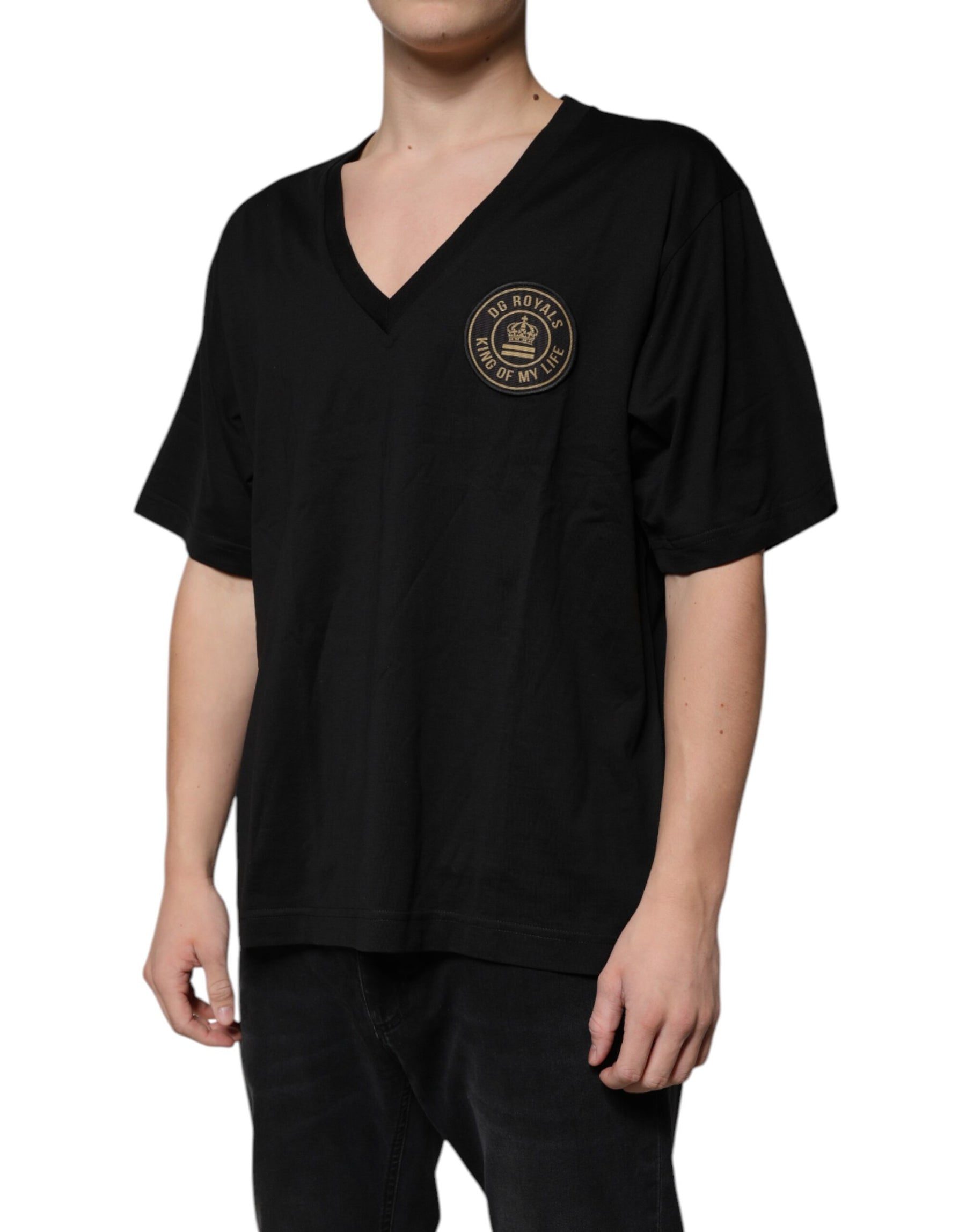 Dolce & Gabbana Black Cotton Logo Vneck Short Sleeve T-shirt | Regal Royce