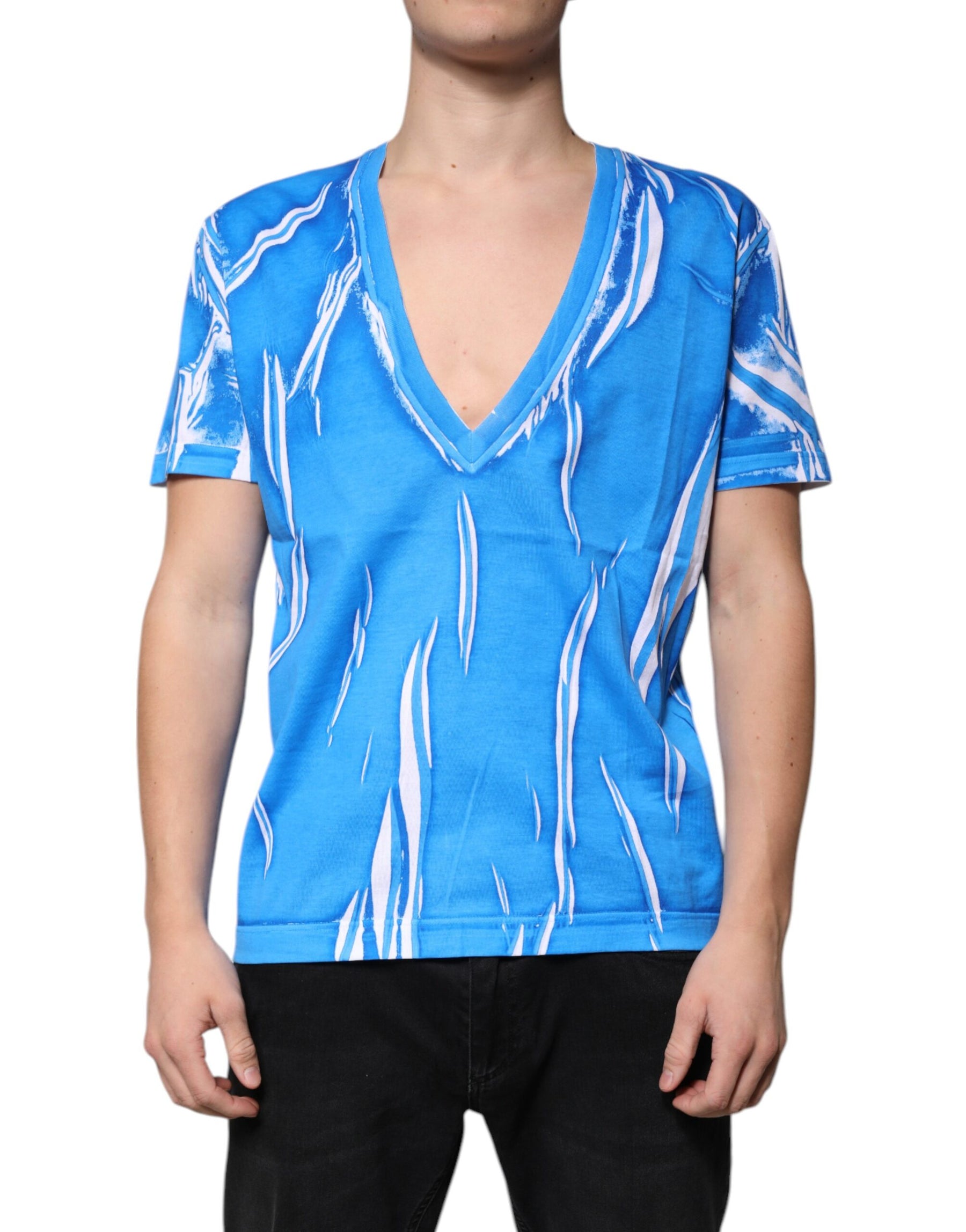 Dolce & Gabbana Blue Cotton V-neck Short Sleeves T-shirt | Regal Royce