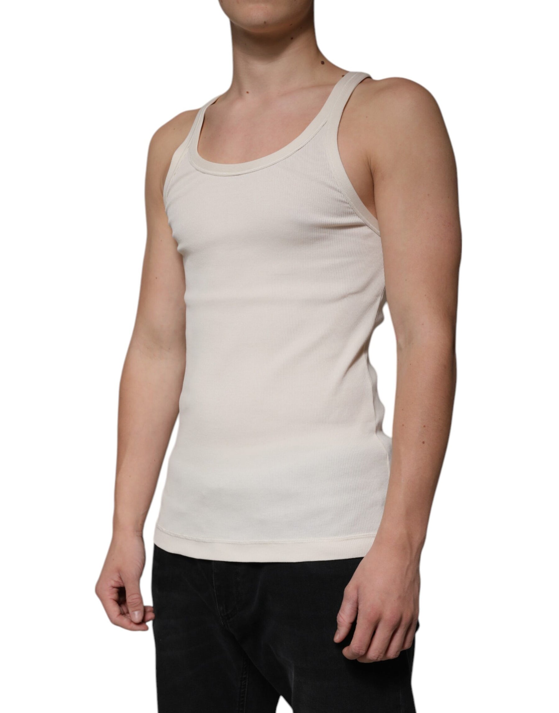 Dolce & Gabbana Off White Cotton Sleeveless Round Neck Tank T-shirt | Regal Royce