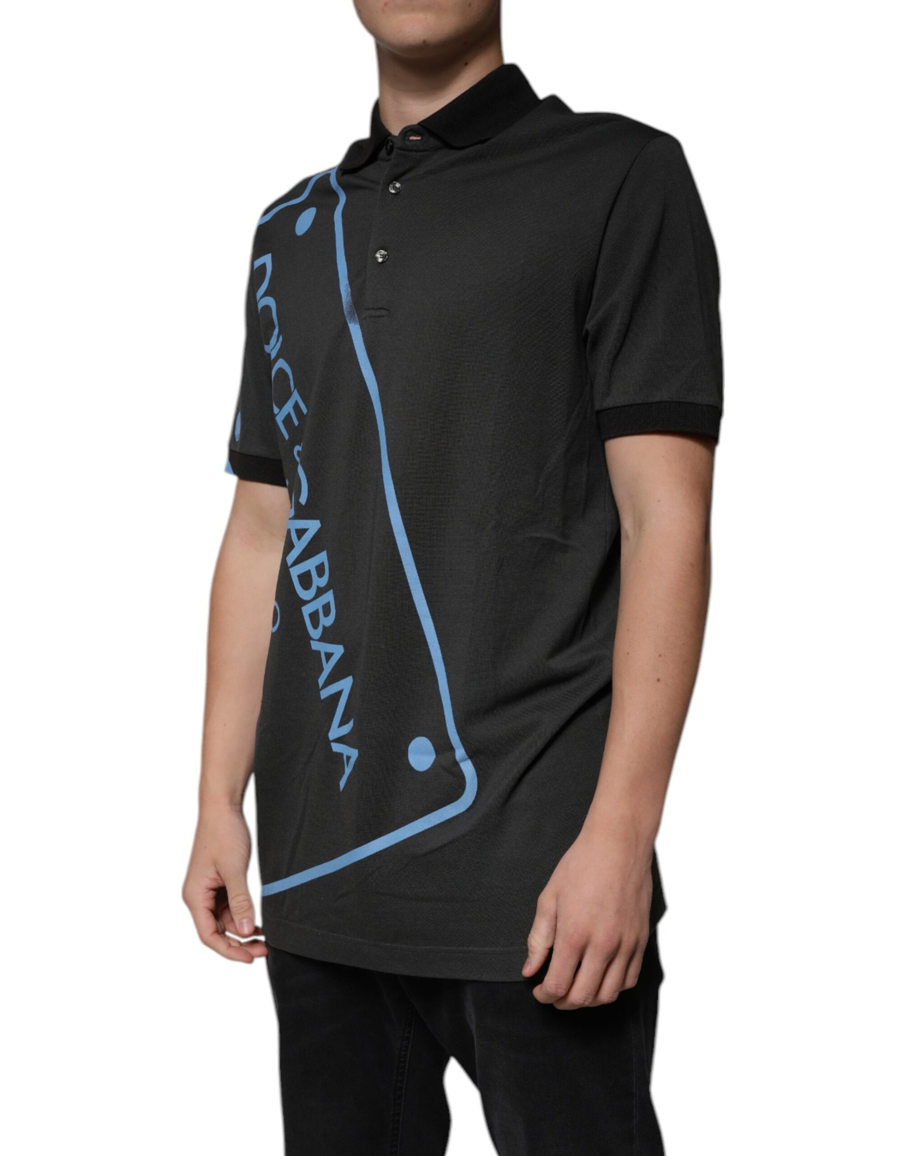 Dolce & Gabbana Black Logo Print Collared Cotton Polo T-shirt | Regal Royce