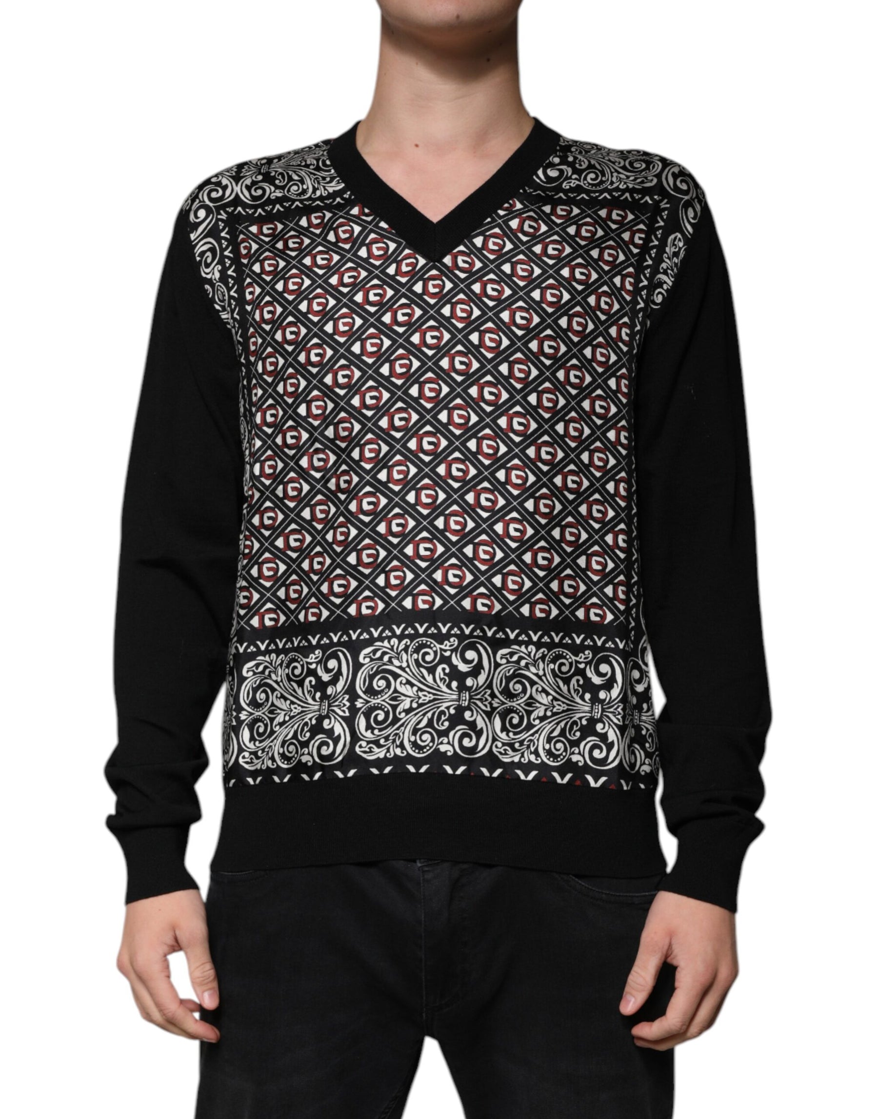 Dolce & Gabbana Black Logo Wool V-neck Pullover Sweater | Regal Royce