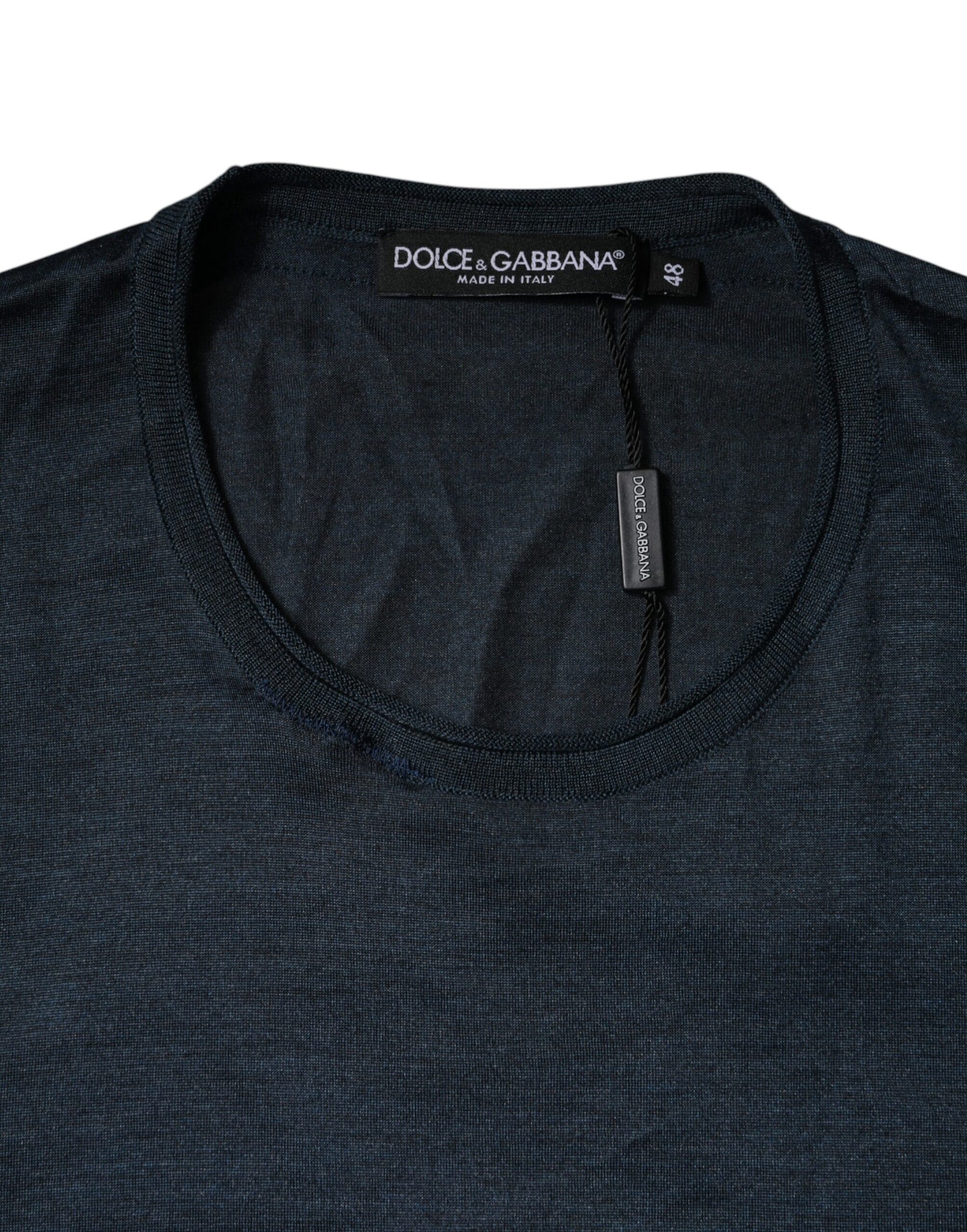 Dolce & Gabbana Dark Blue Silk Crew Neck Short Sleeve T-shirt | Regal Royce